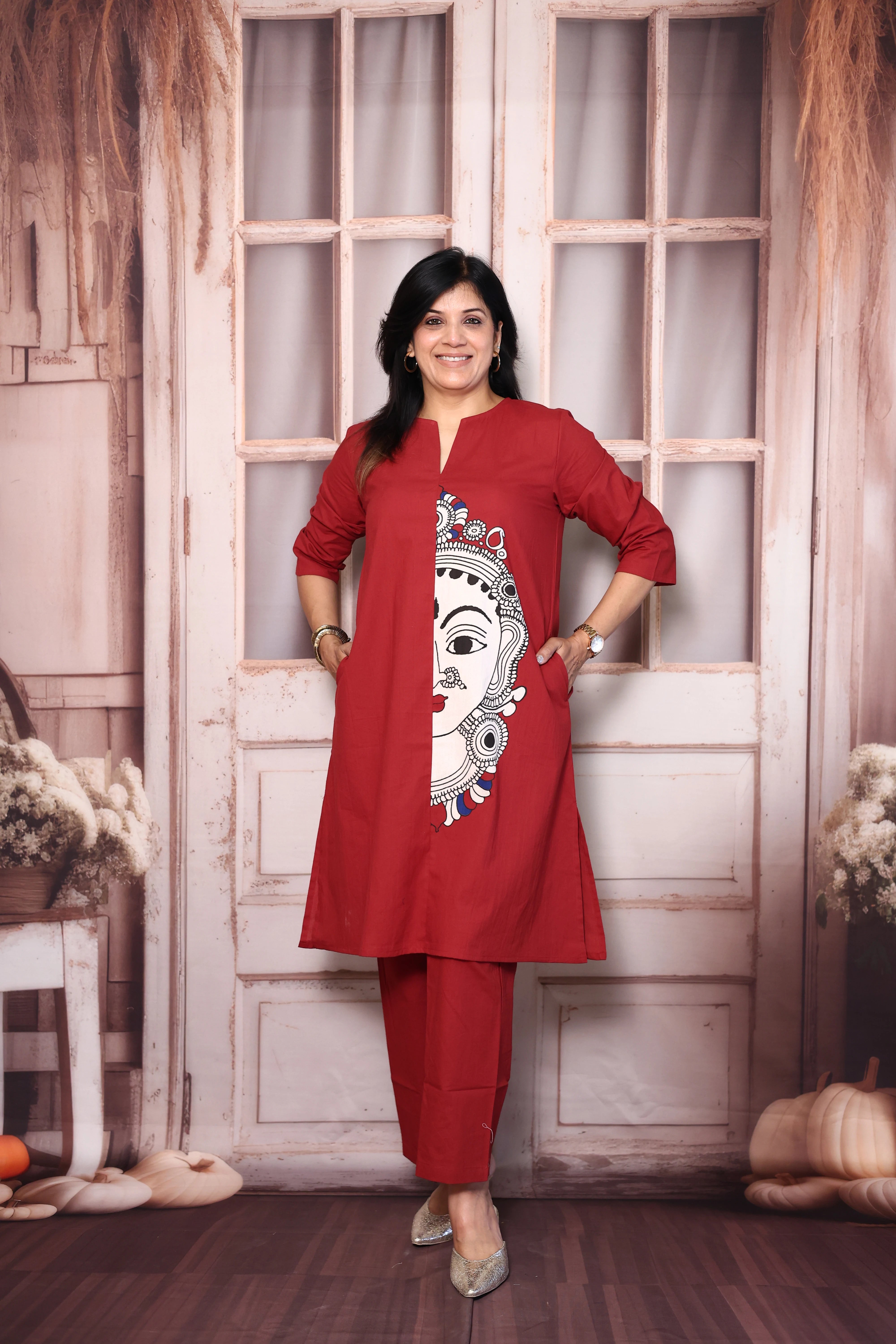 Falu red Madhubani Print Cotton Kurti Pant Set | Artistic Ethnic Wear