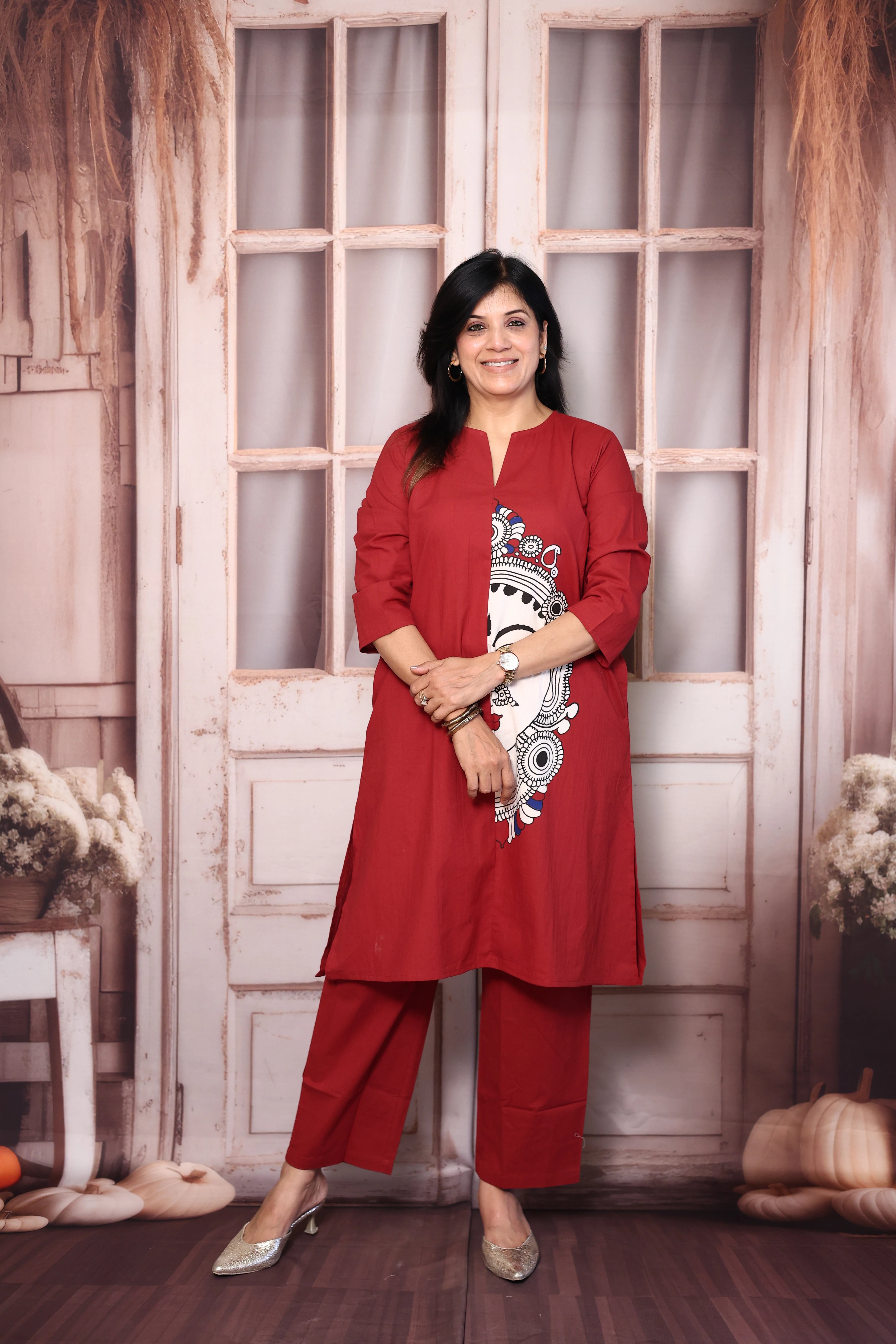 Falu red Madhubani Print Cotton Kurti Pant Set | Artistic Ethnic Wear