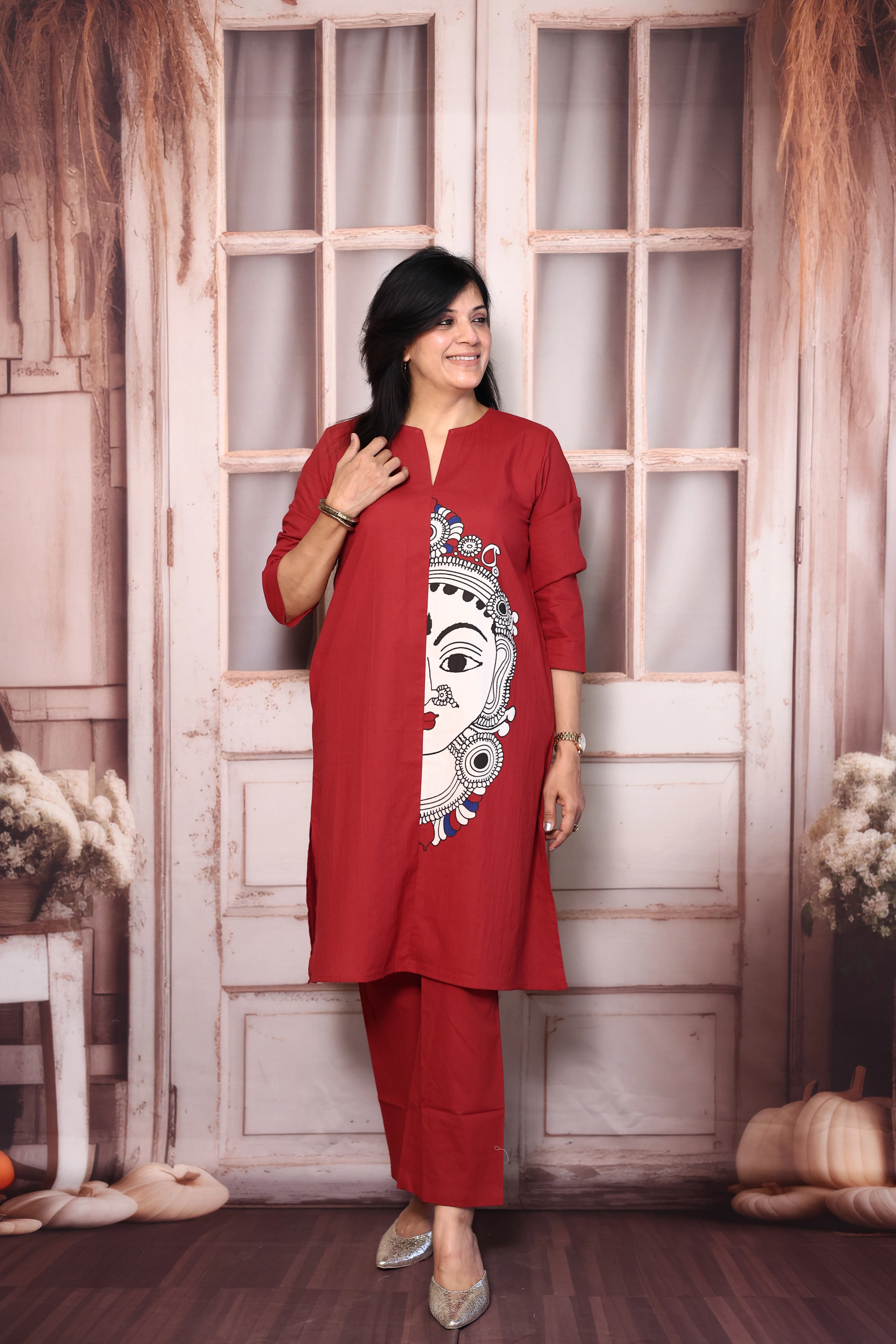 Falu red Madhubani Print Cotton Kurti Pant Set | Artistic Ethnic Wear