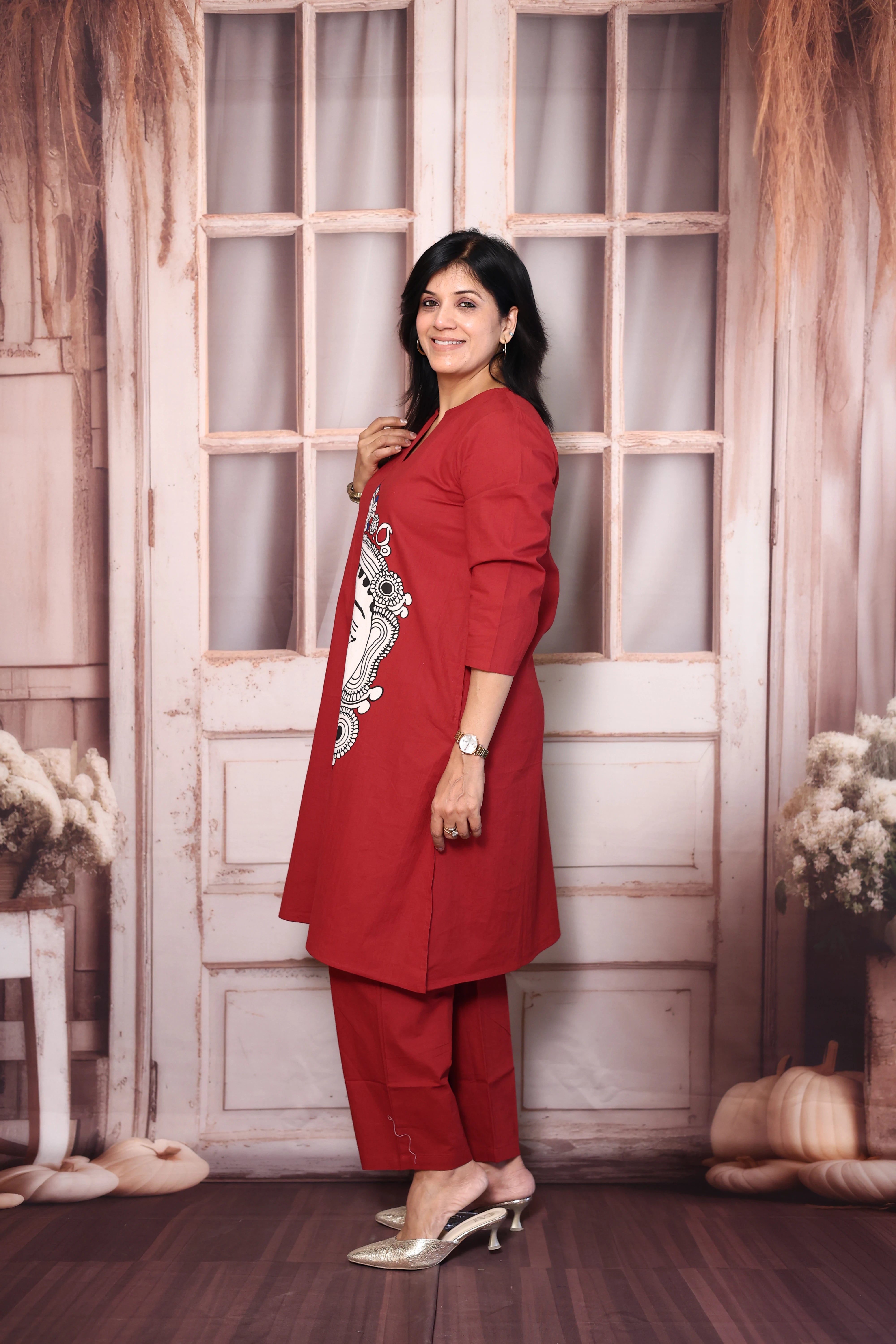 Falu red Madhubani Print Cotton Kurti Pant Set | Artistic Ethnic Wear
