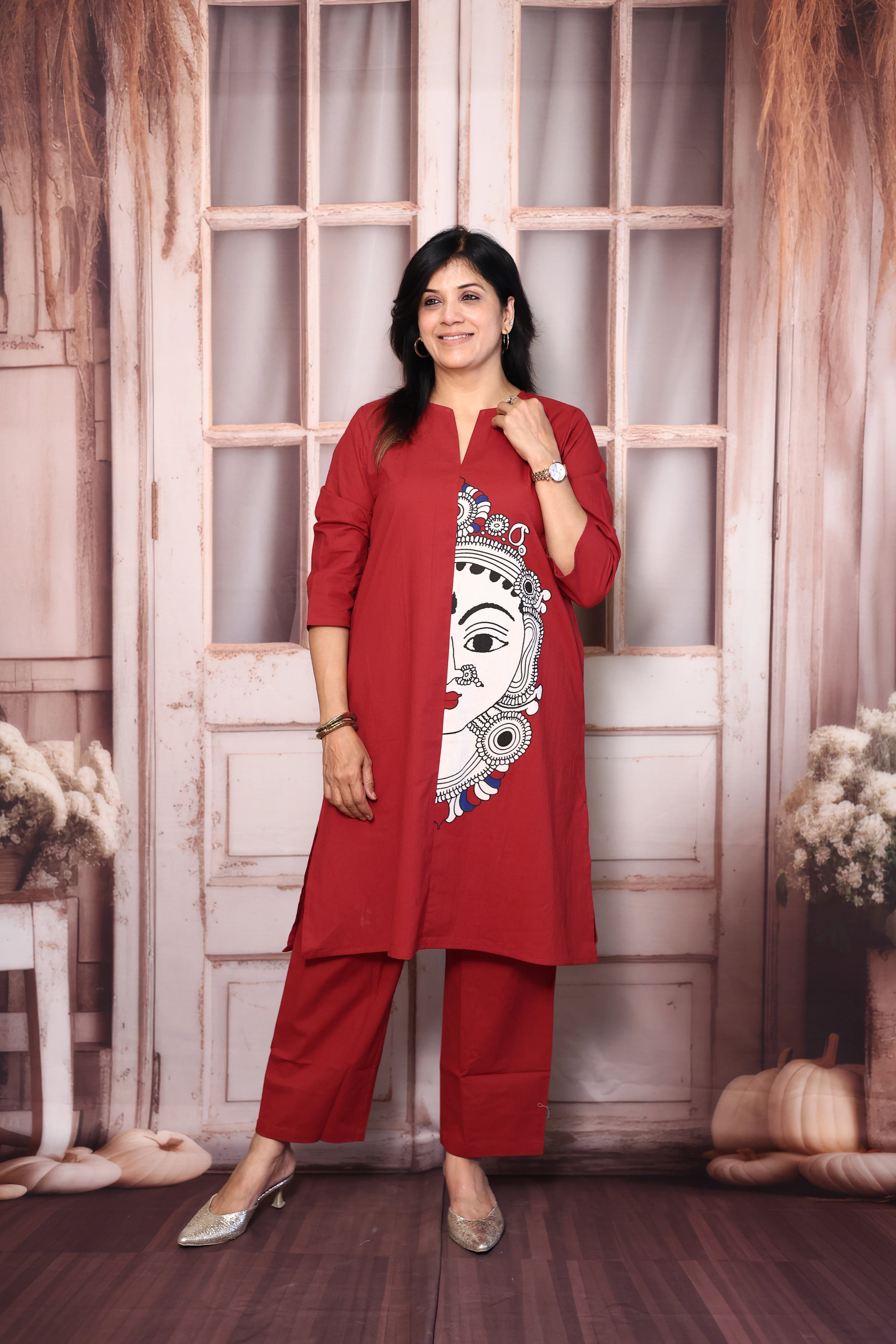 Falu red Madhubani Print Cotton Kurti Pant Set | Artistic Ethnic Wear