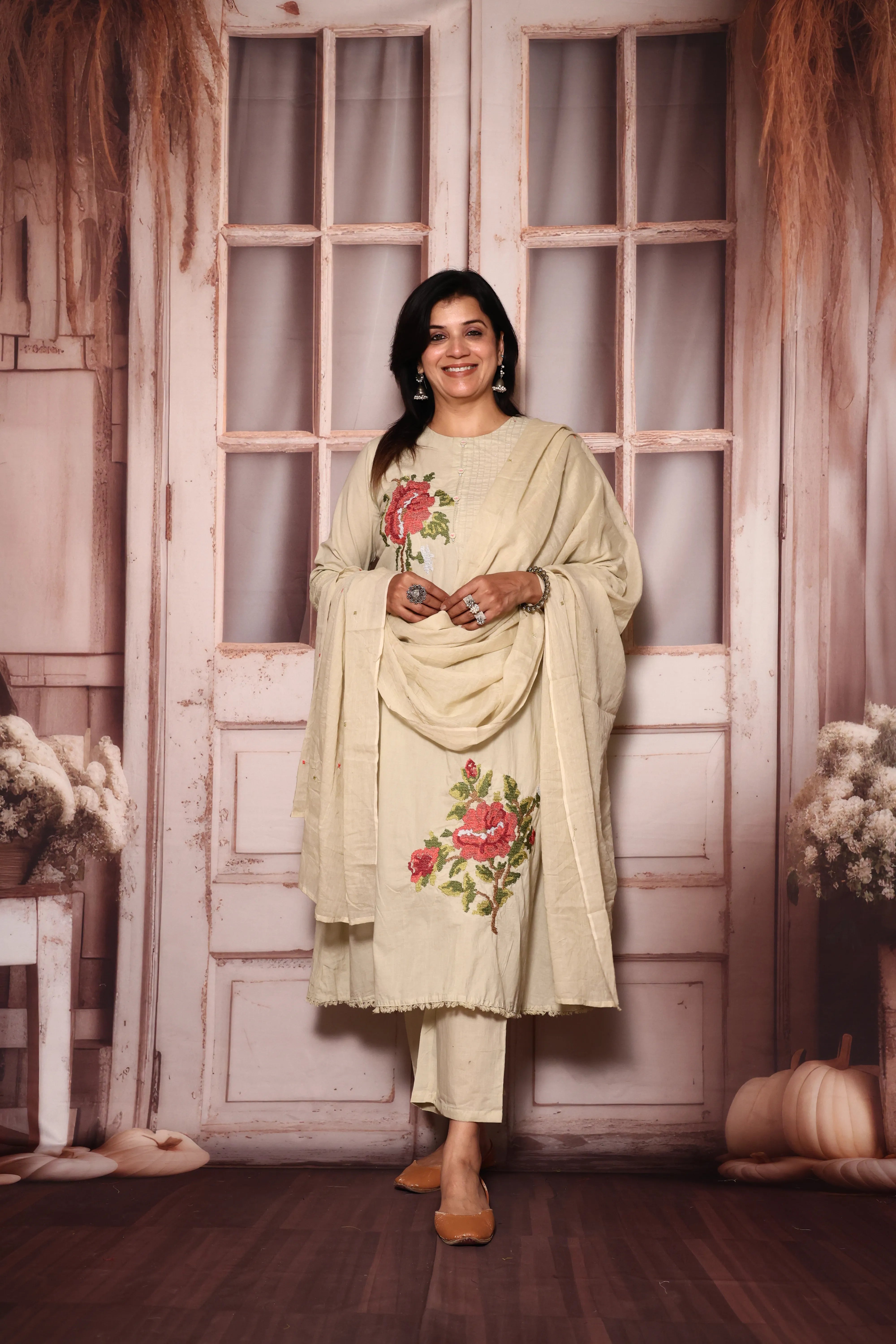 Beige A-Line Kurta Pant with Dupatta Set | Thread Embroidery | Mul Mul Cotton Ethnic Wear