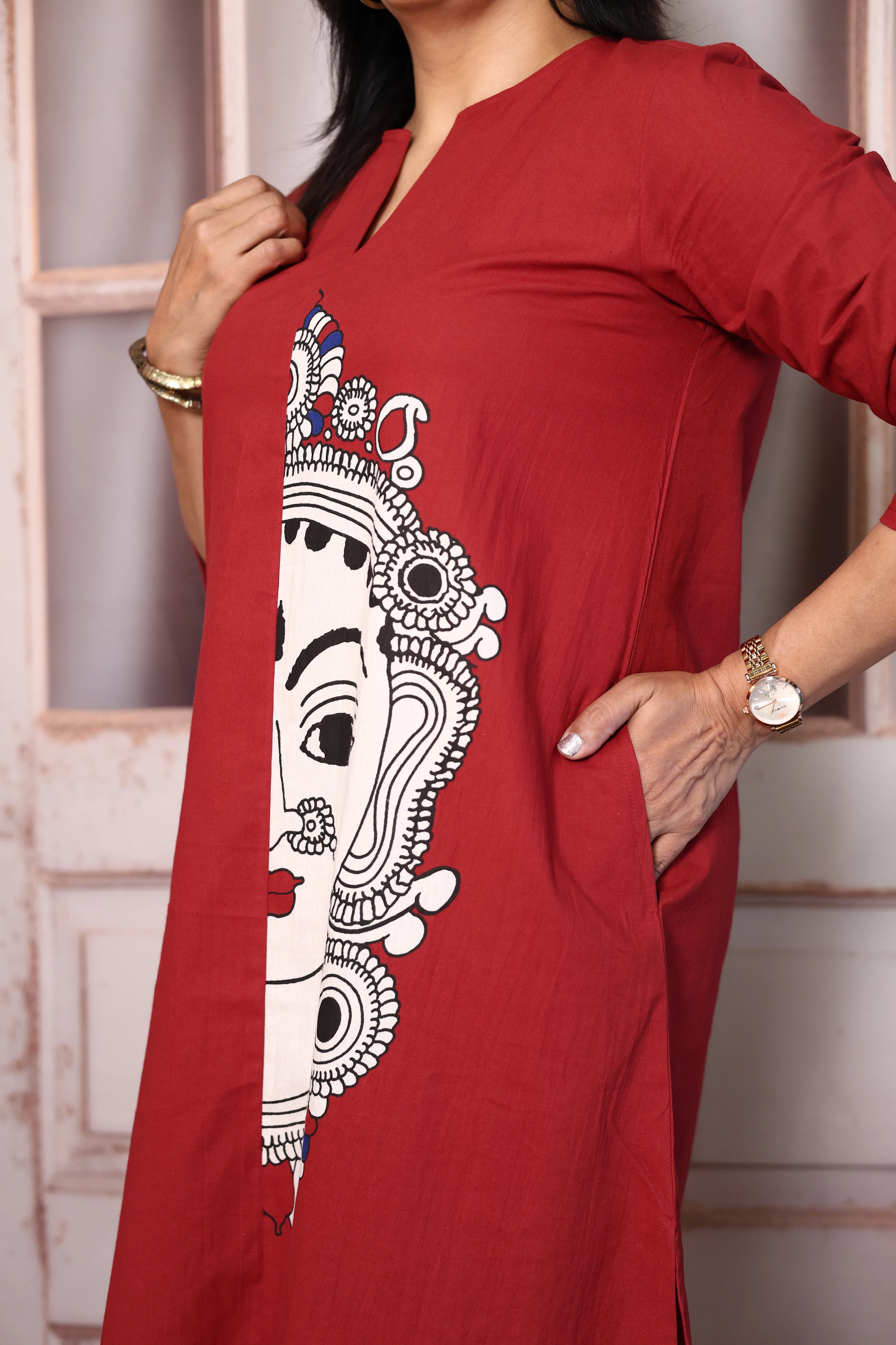 Falu red Madhubani Print Cotton Kurti Pant Set | Artistic Ethnic Wear