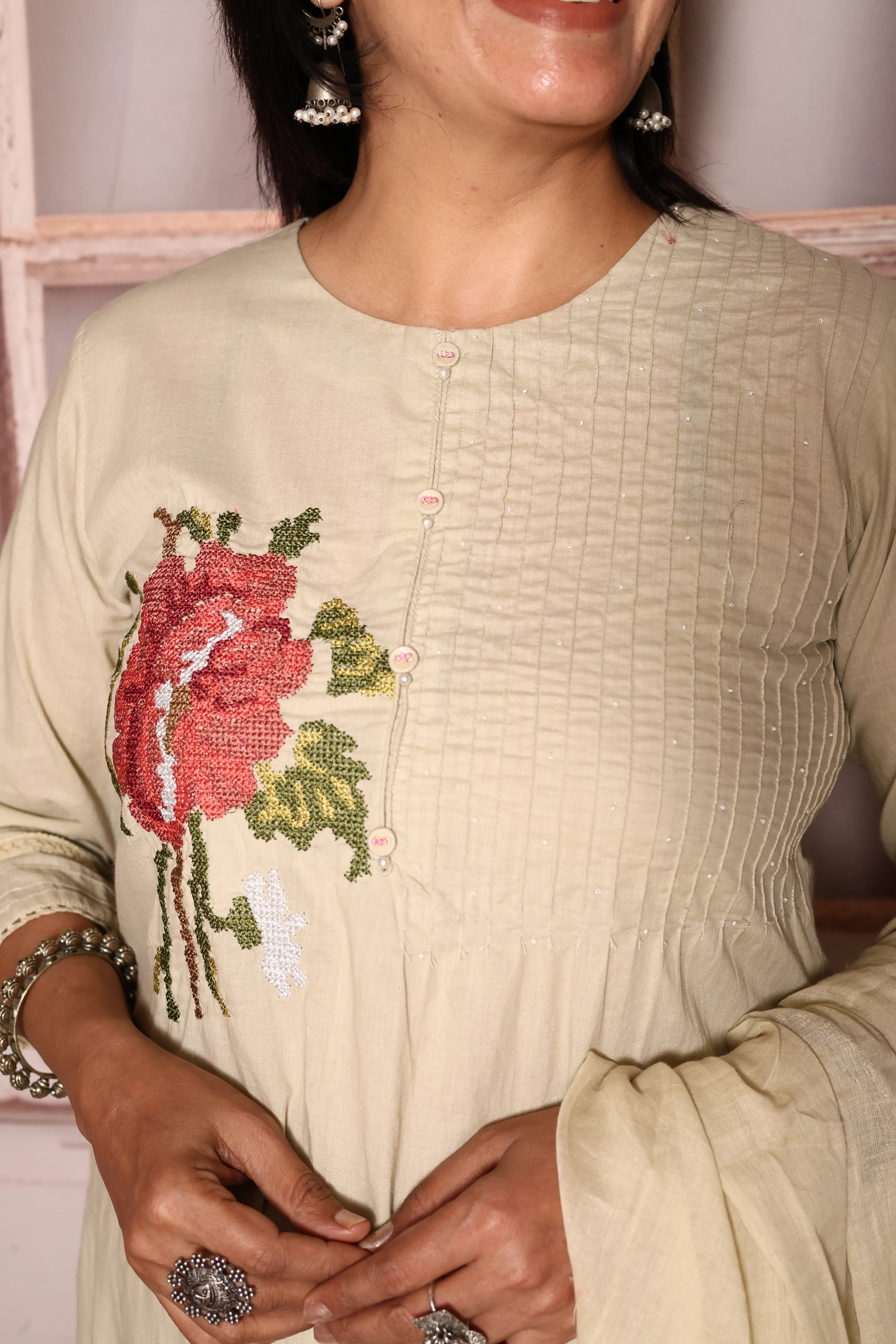 Beige A-Line Kurta Pant with Dupatta Set | Thread Embroidery | Mul Mul Cotton Ethnic Wear
