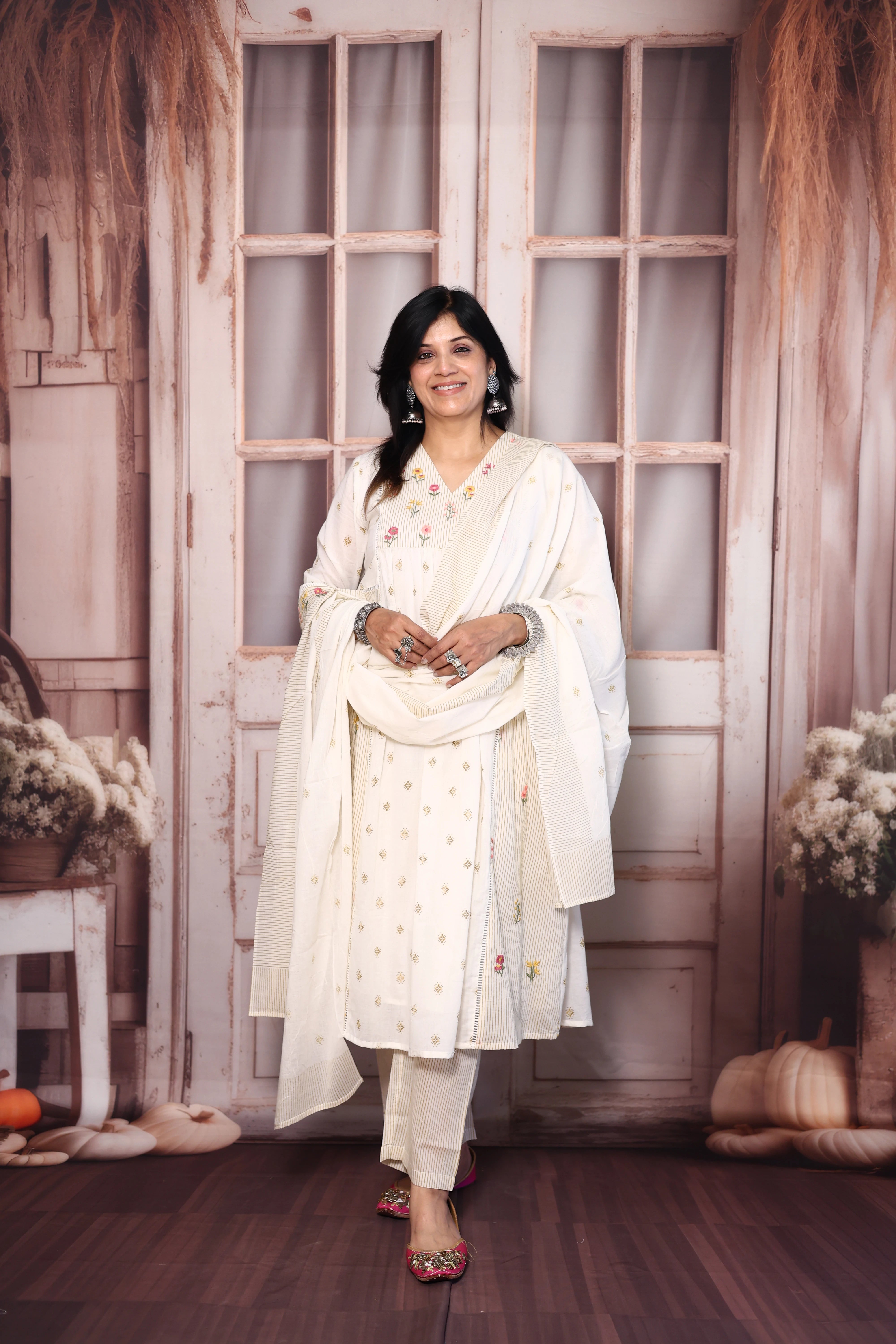 Off White Floral Embroidered A-Line Kurta Pant Dupatta Set | Mul Mul Ethnic Elegance