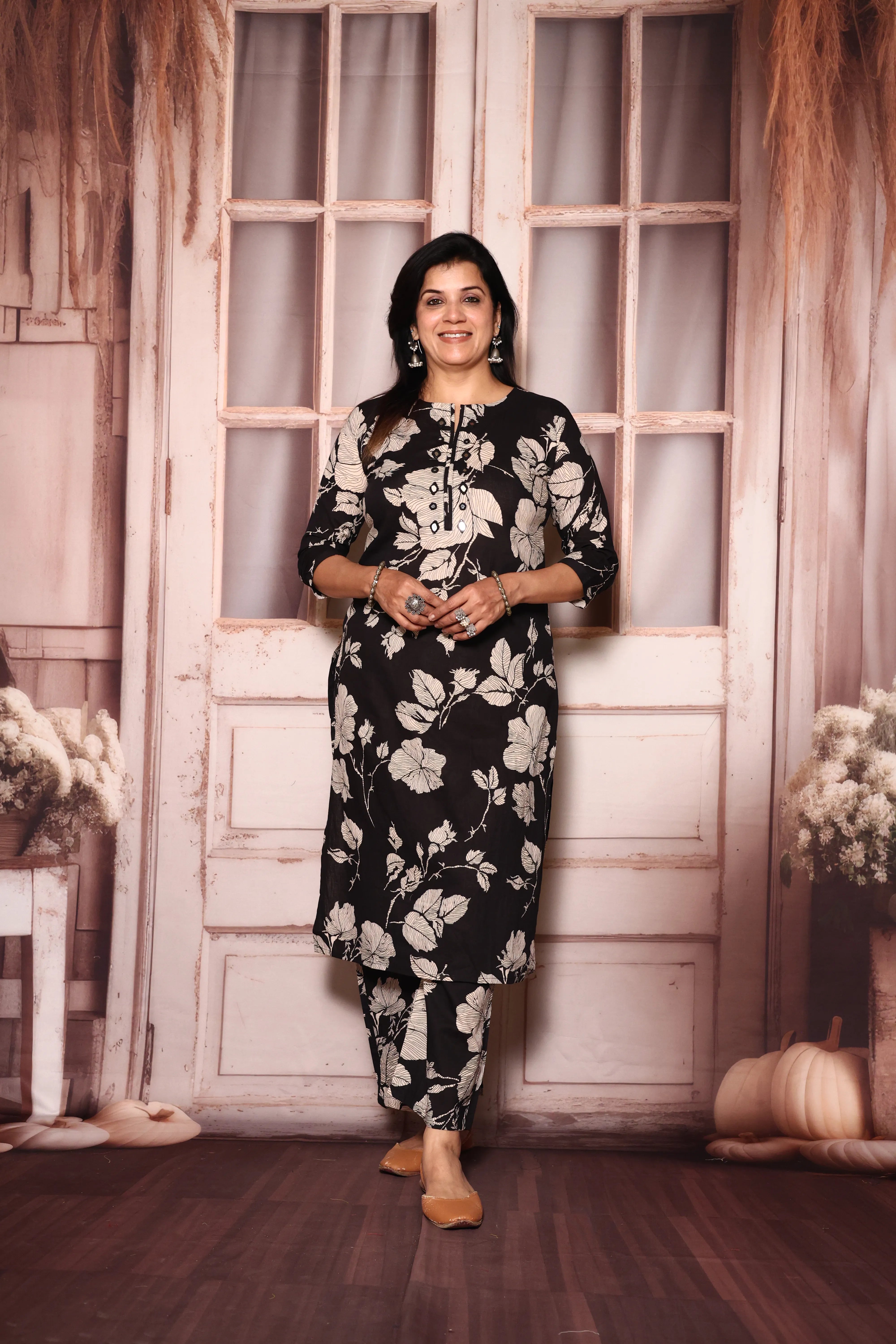 Off Black Floral Printed Kurta Palazzo Set | Soft Cotton Ethnic Wear | Elegant Daily Wear