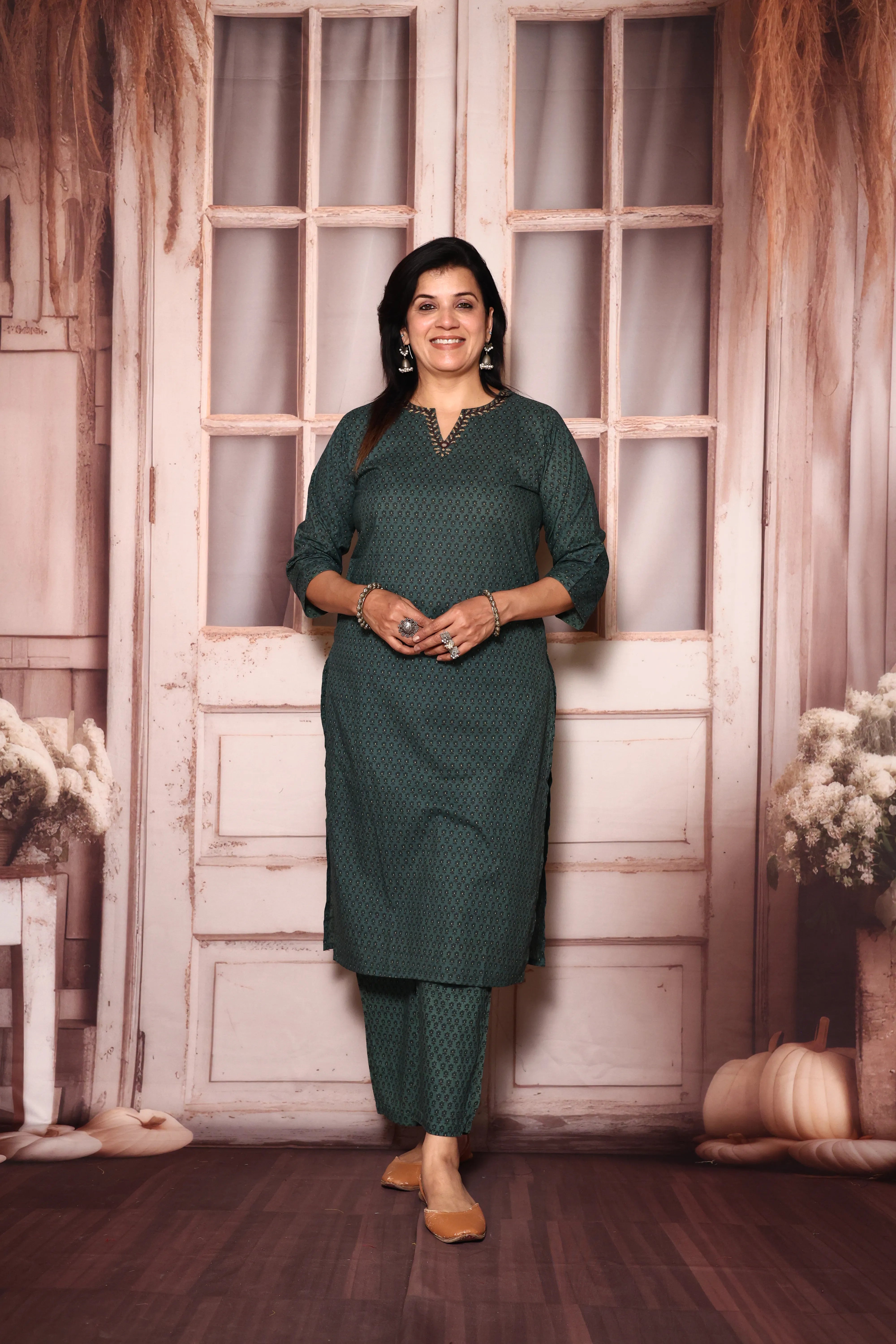 Dark Green Floral Printed Kurta & Plazzo Set | Cotton Ethnic Wear | Plus Size Available (38–52)