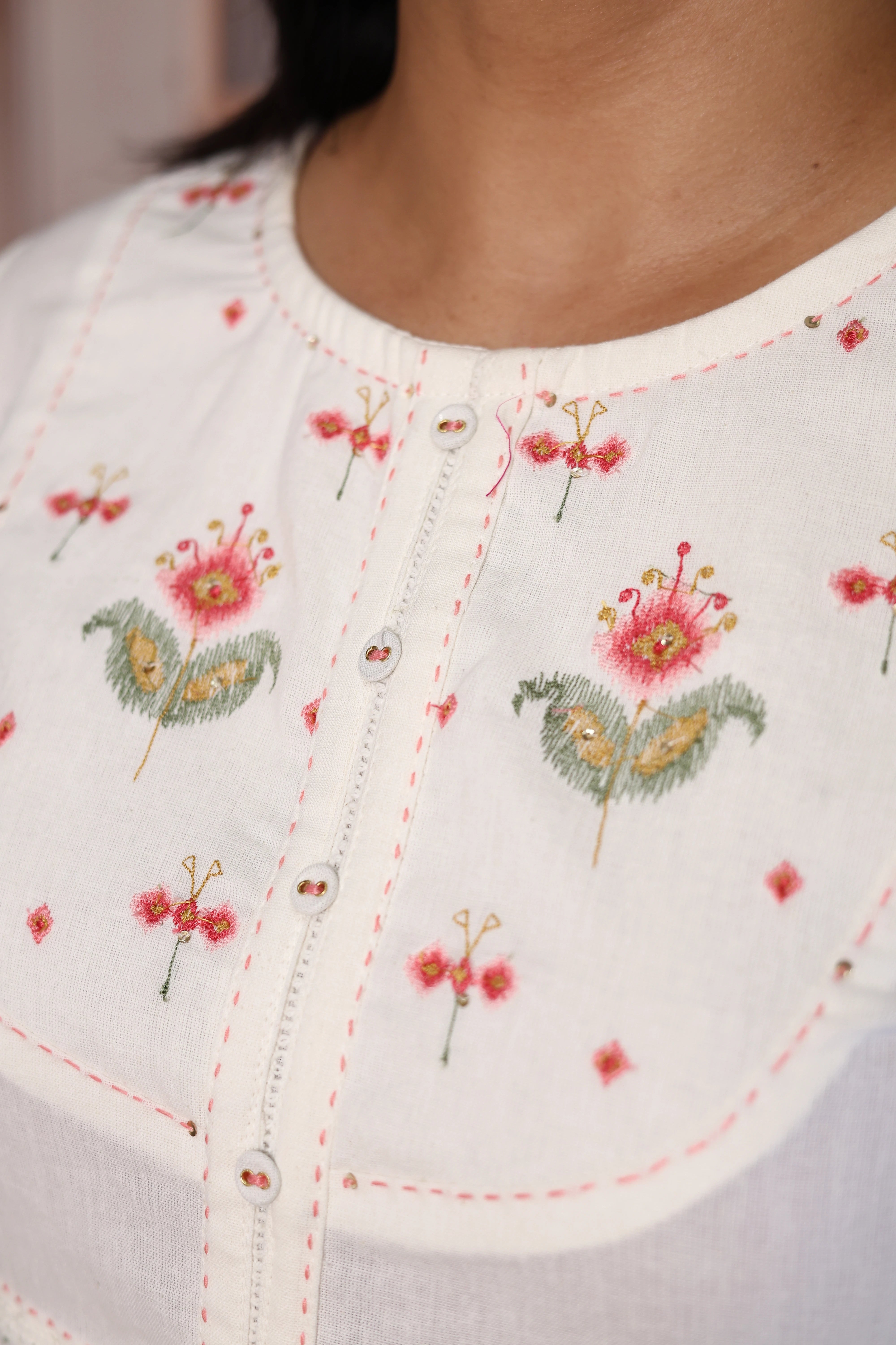 White Yoke Floral Embroidered Cotton Dupatta Set with Sequins | Plus-Size Ethnic Wear