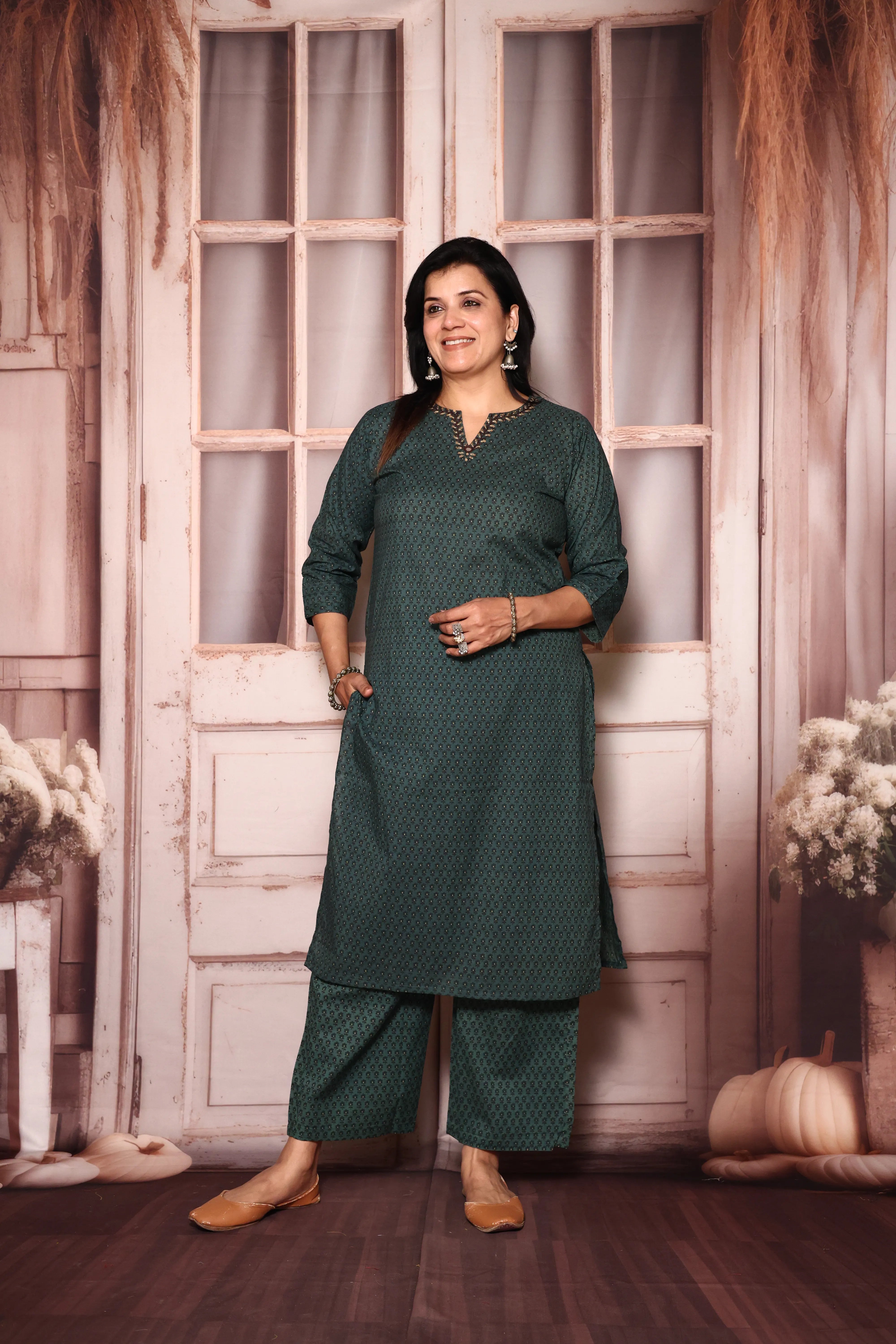 Dark Green Floral Printed Kurta & Plazzo Set | Cotton Ethnic Wear | Plus Size Available (38–52)