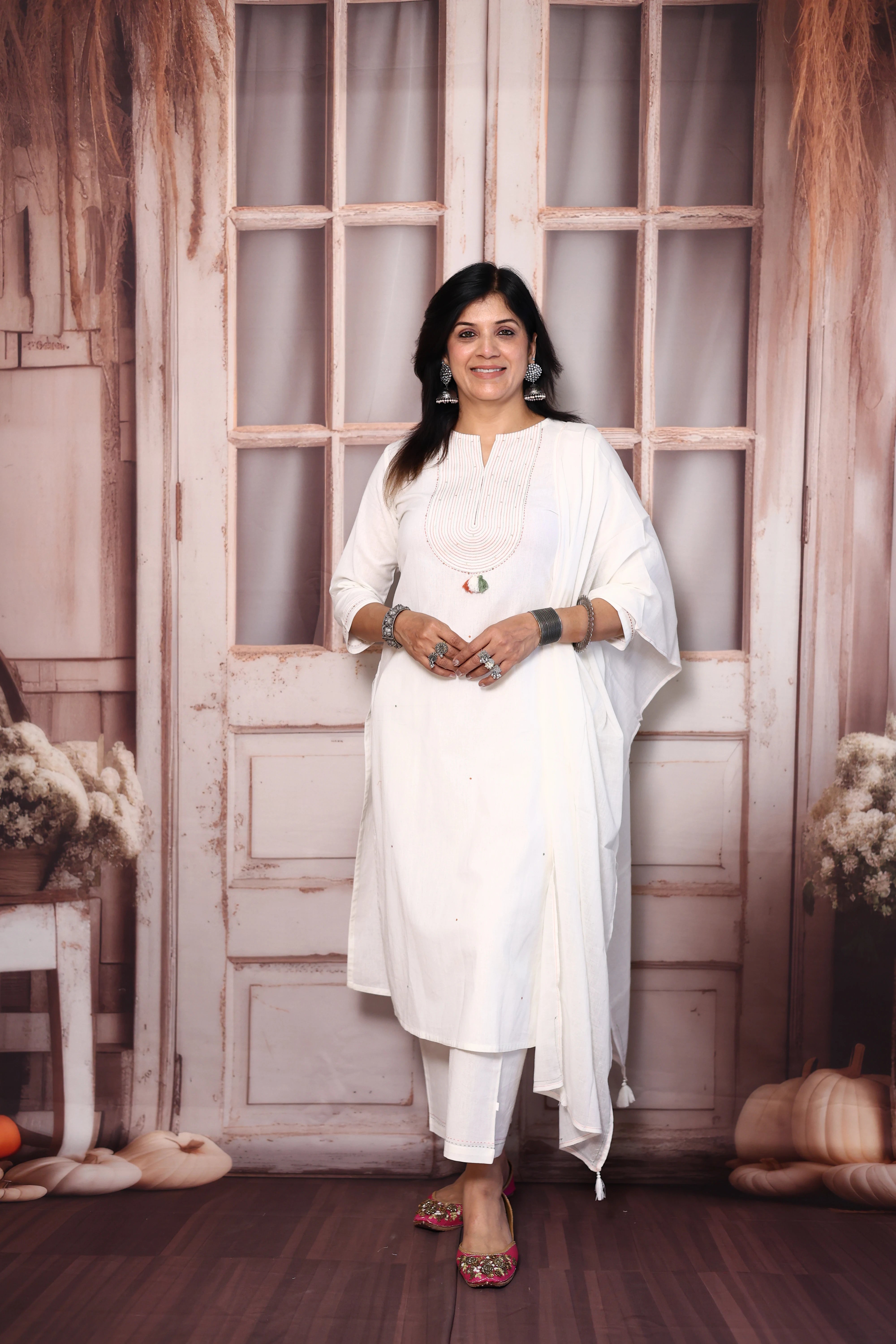 White Yoke Embroidered Cotton Dupatta Set with Sequins | Plus-Size