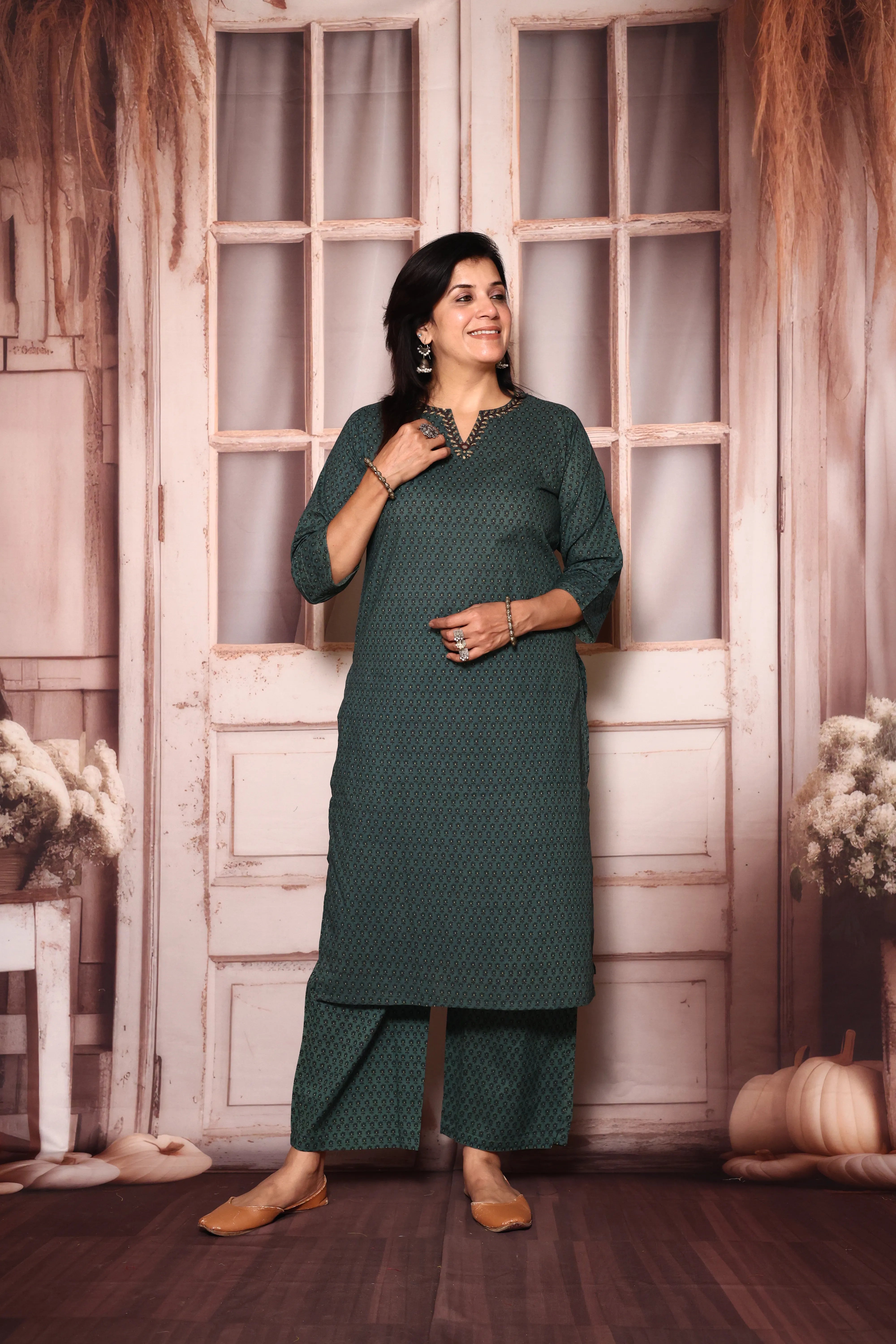 Dark Green Floral Printed Kurta & Plazzo Set | Cotton Ethnic Wear | Plus Size Available (38–52)