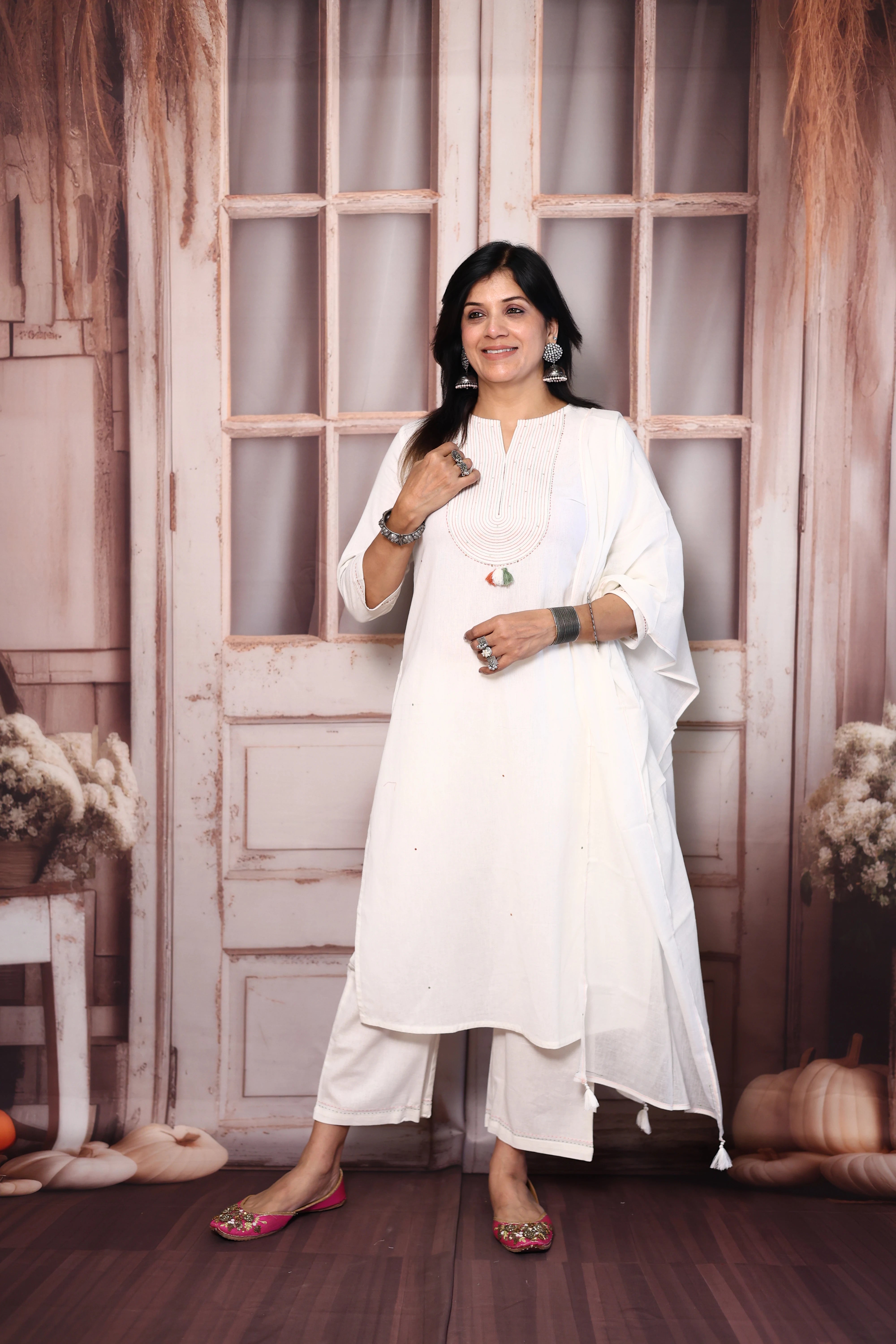 White Yoke Embroidered Cotton Dupatta Set with Sequins | Plus-Size