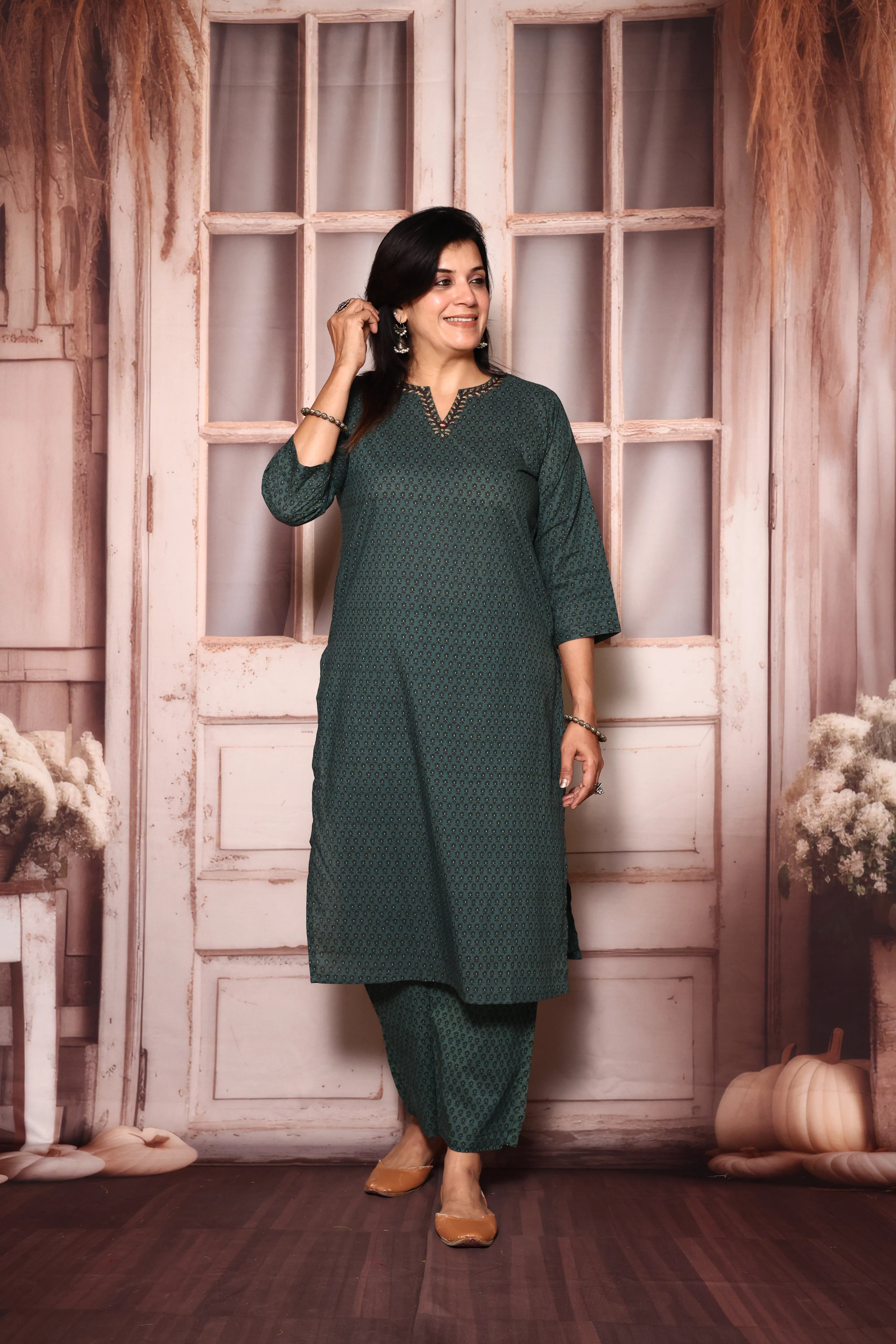 Dark Green Floral Printed Kurta & Plazzo Set | Cotton Ethnic Wear | Plus Size Available (38–52)
