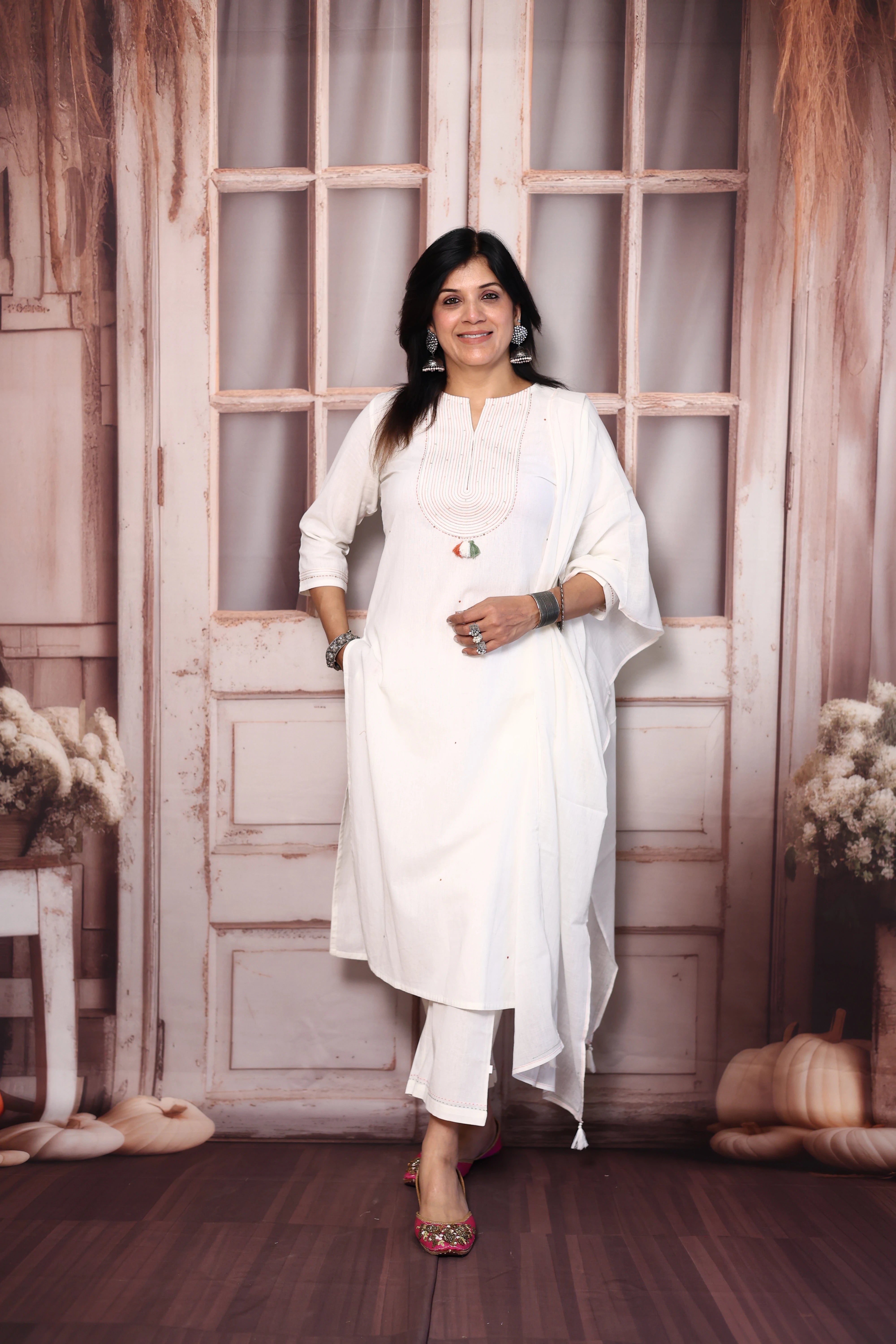 White Yoke Embroidered Cotton Dupatta Set with Sequins | Plus-Size
