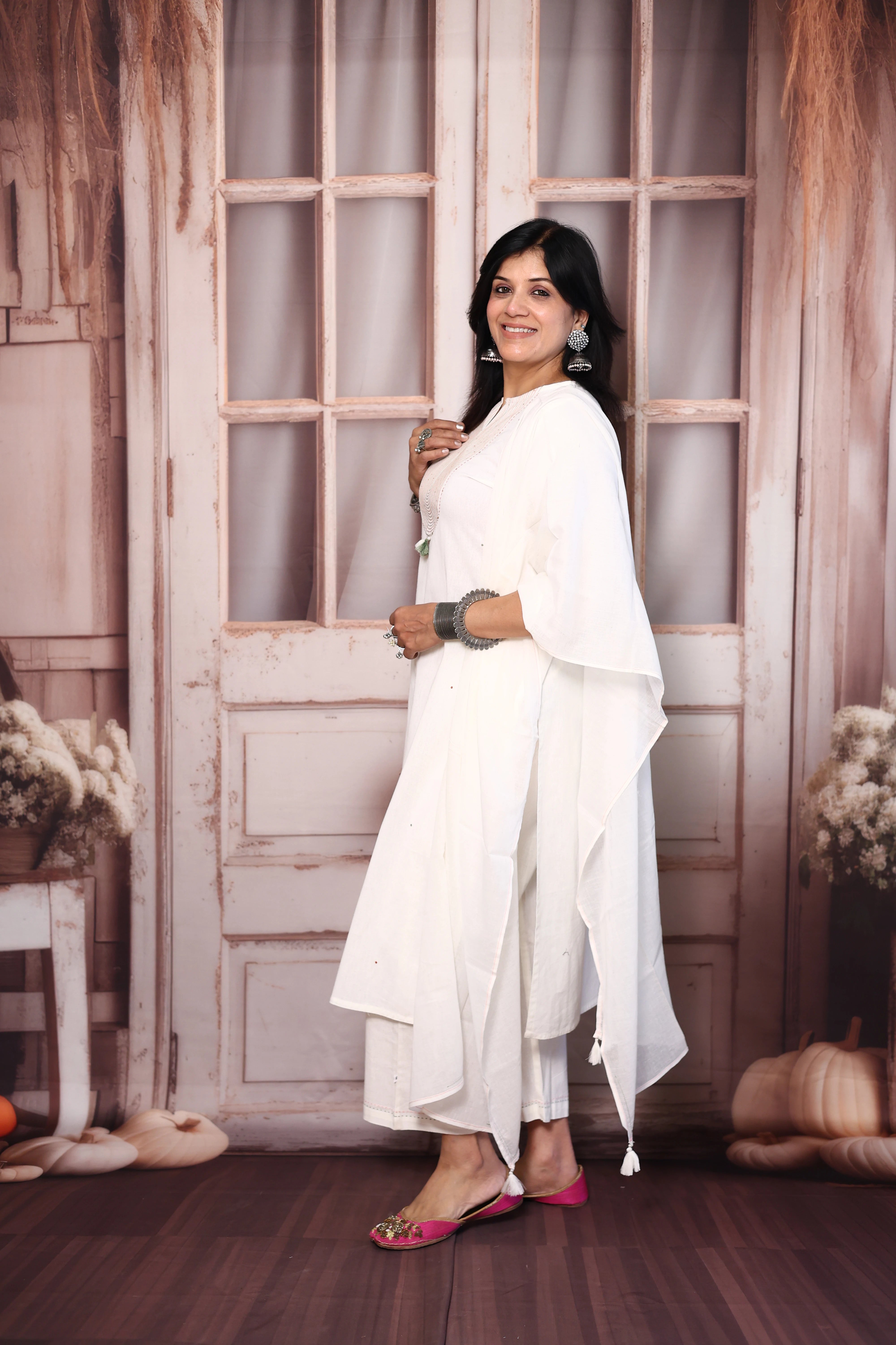 White Yoke Embroidered Cotton Dupatta Set with Sequins | Plus-Size