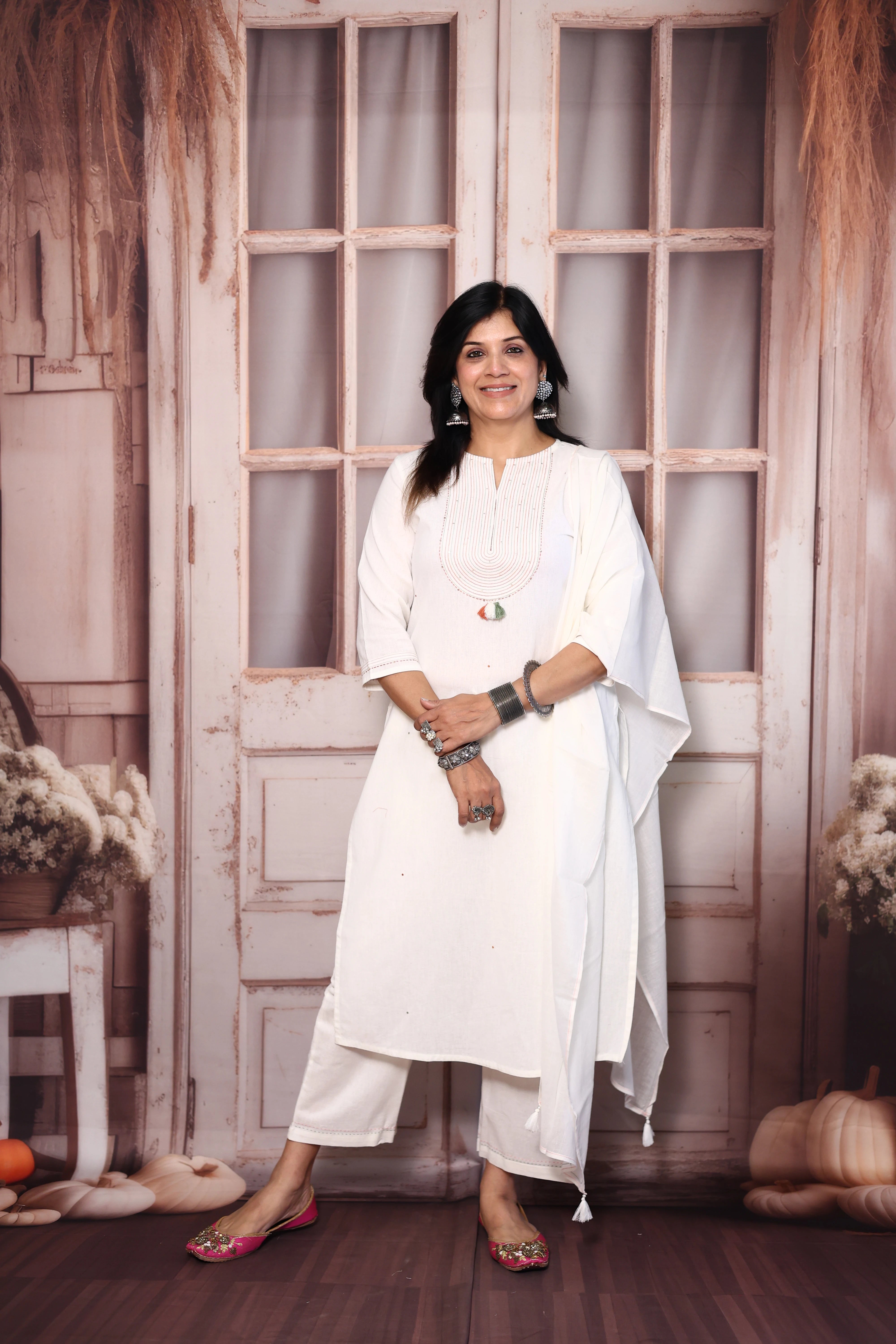 White Yoke Embroidered Cotton Dupatta Set with Sequins | Plus-Size