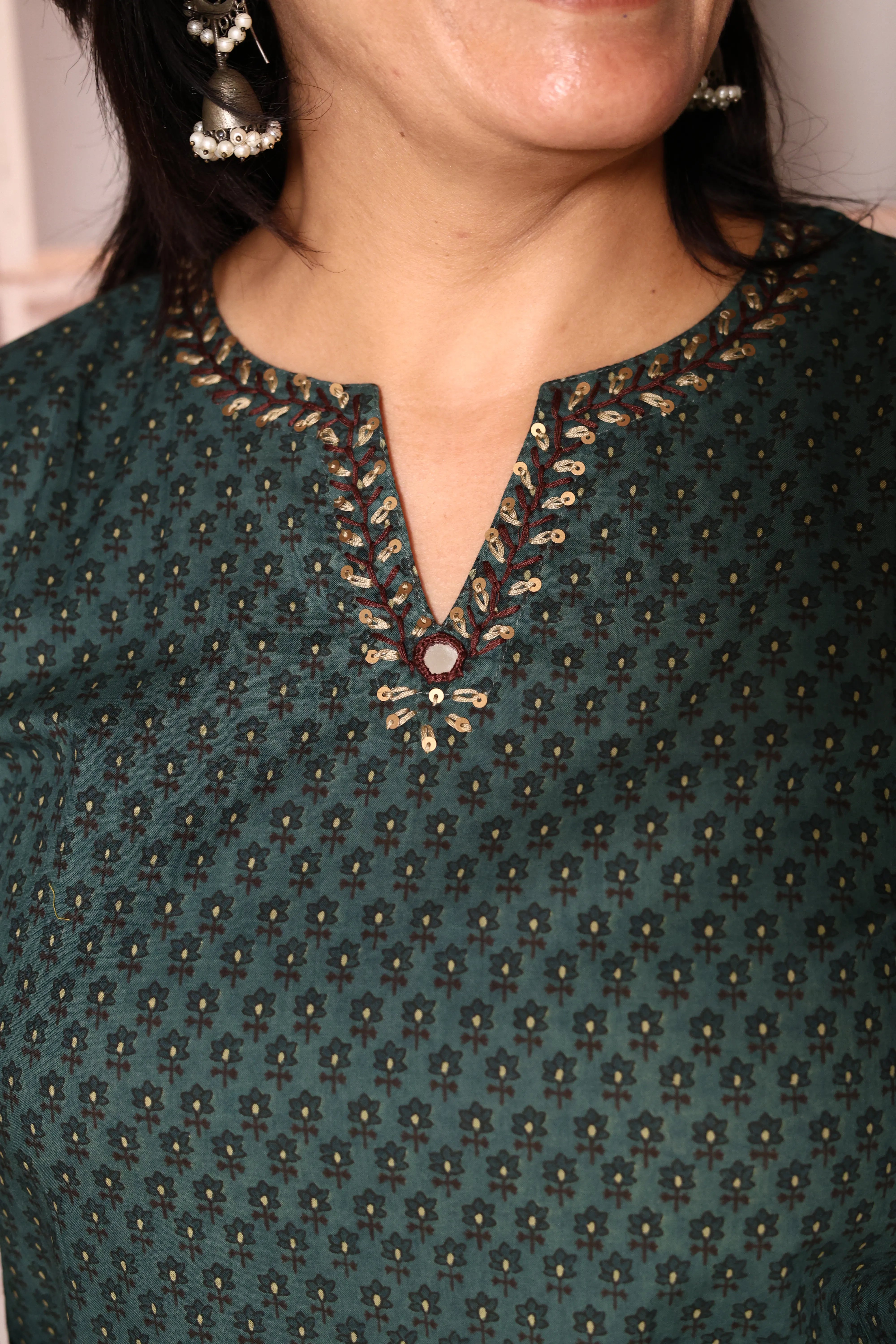 Dark Green Floral Printed Kurta & Plazzo Set | Cotton Ethnic Wear | Plus Size Available (38–52)