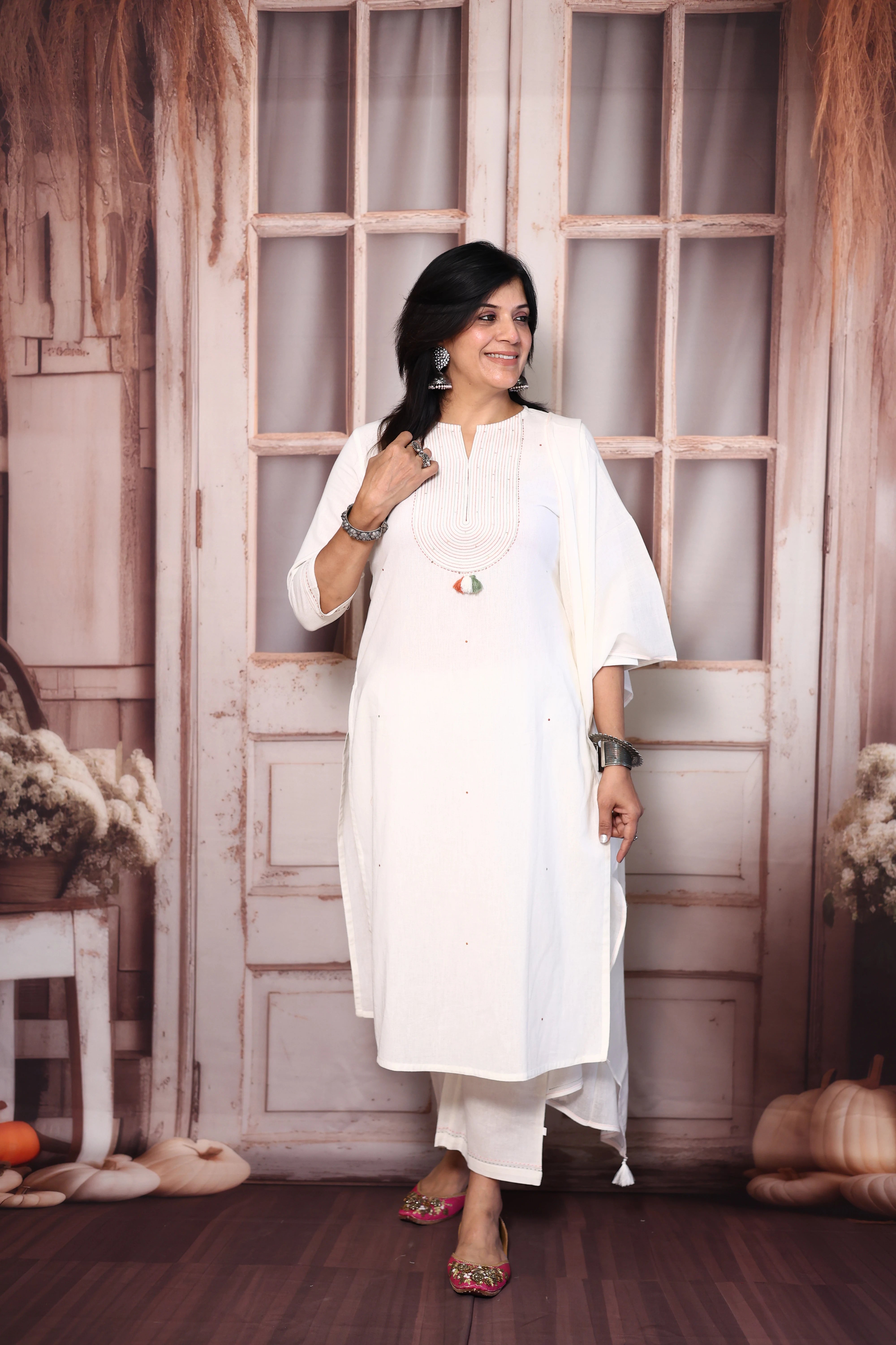 White Yoke Embroidered Cotton Dupatta Set with Sequins | Plus-Size