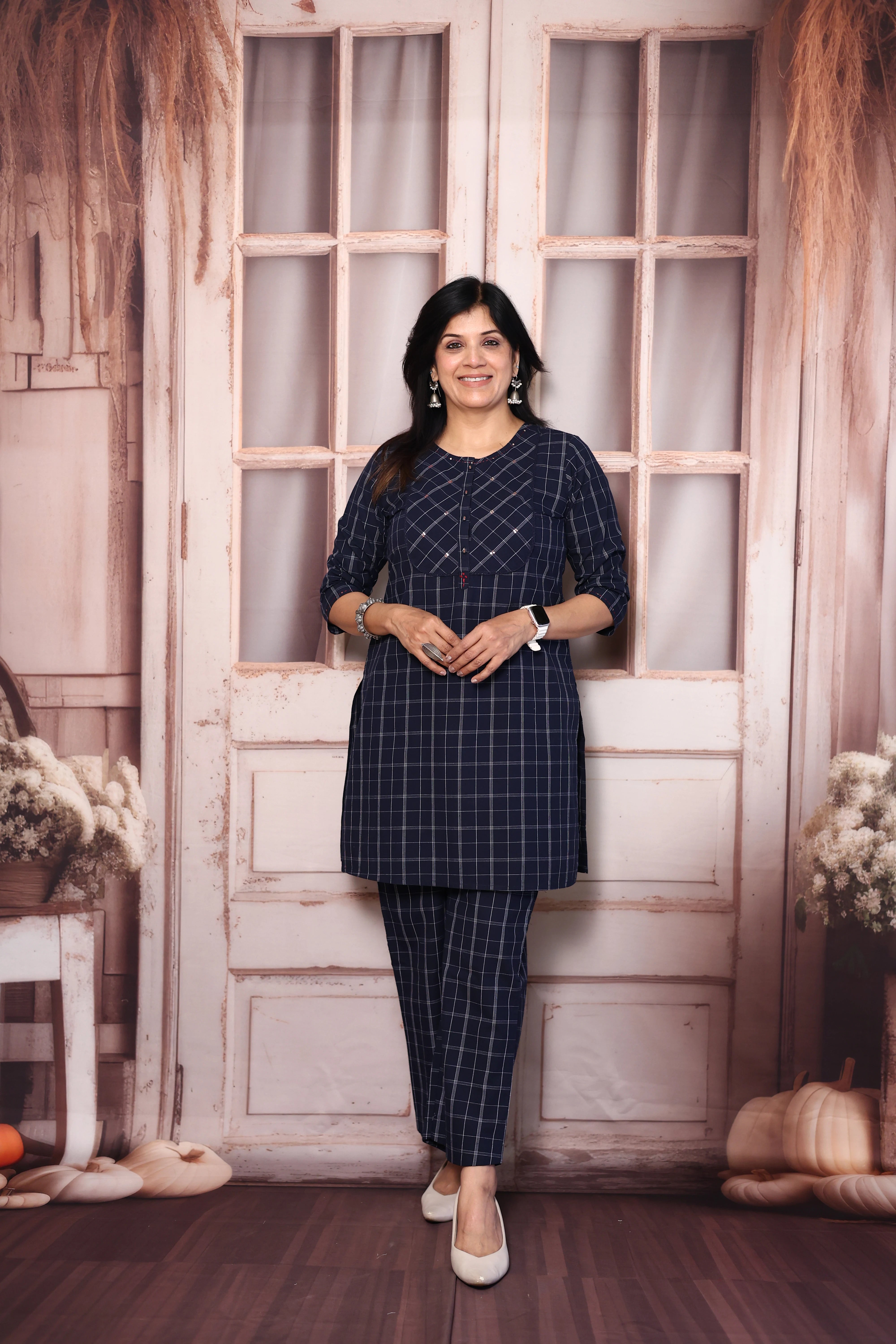 Dark Blue Checked Short Kurti Pant Co-Ord Set | Soft Cotton Casual Wear