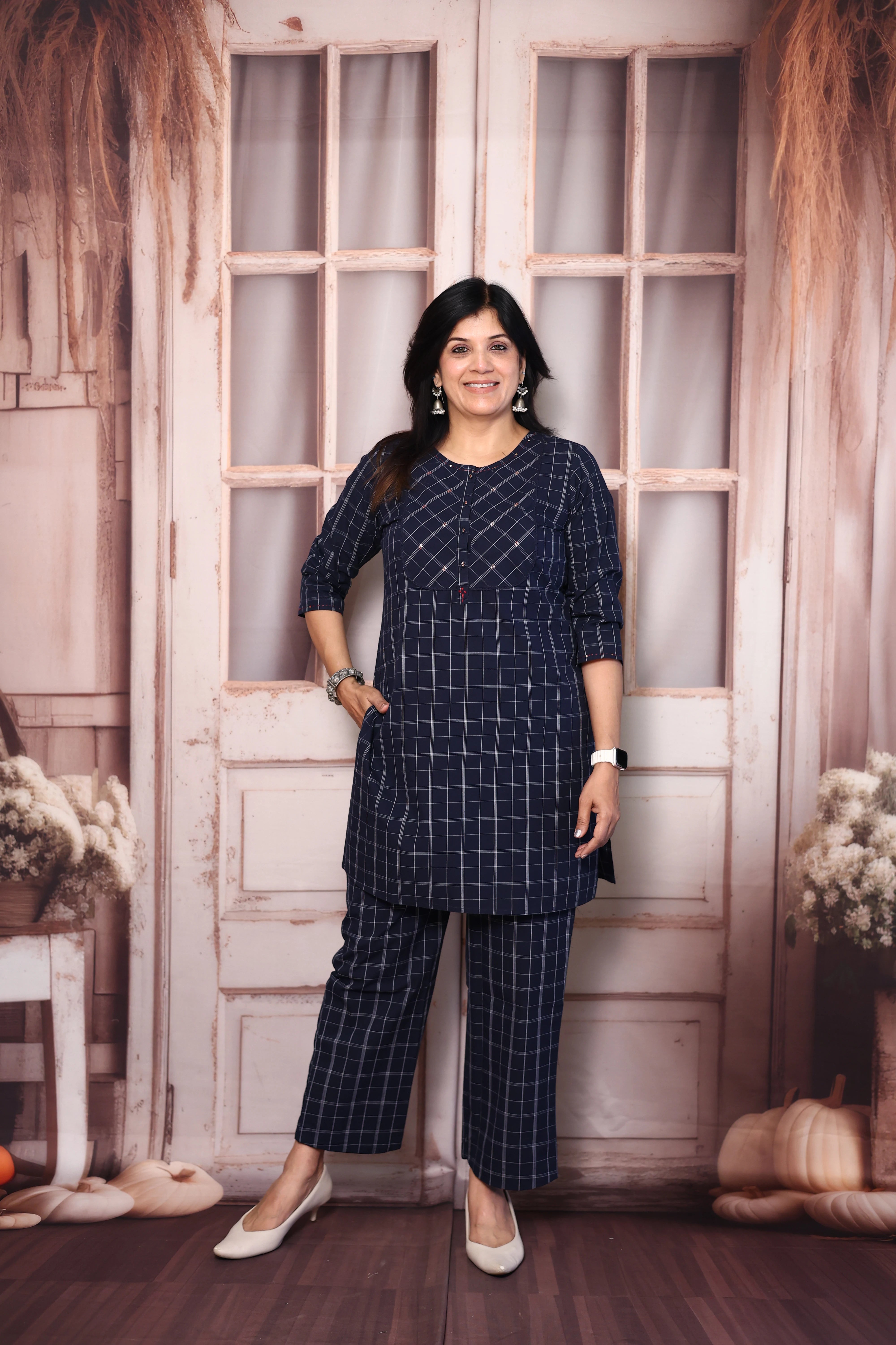 Dark Blue Checked Short Kurti Pant Co-Ord Set | Soft Cotton Casual Wear