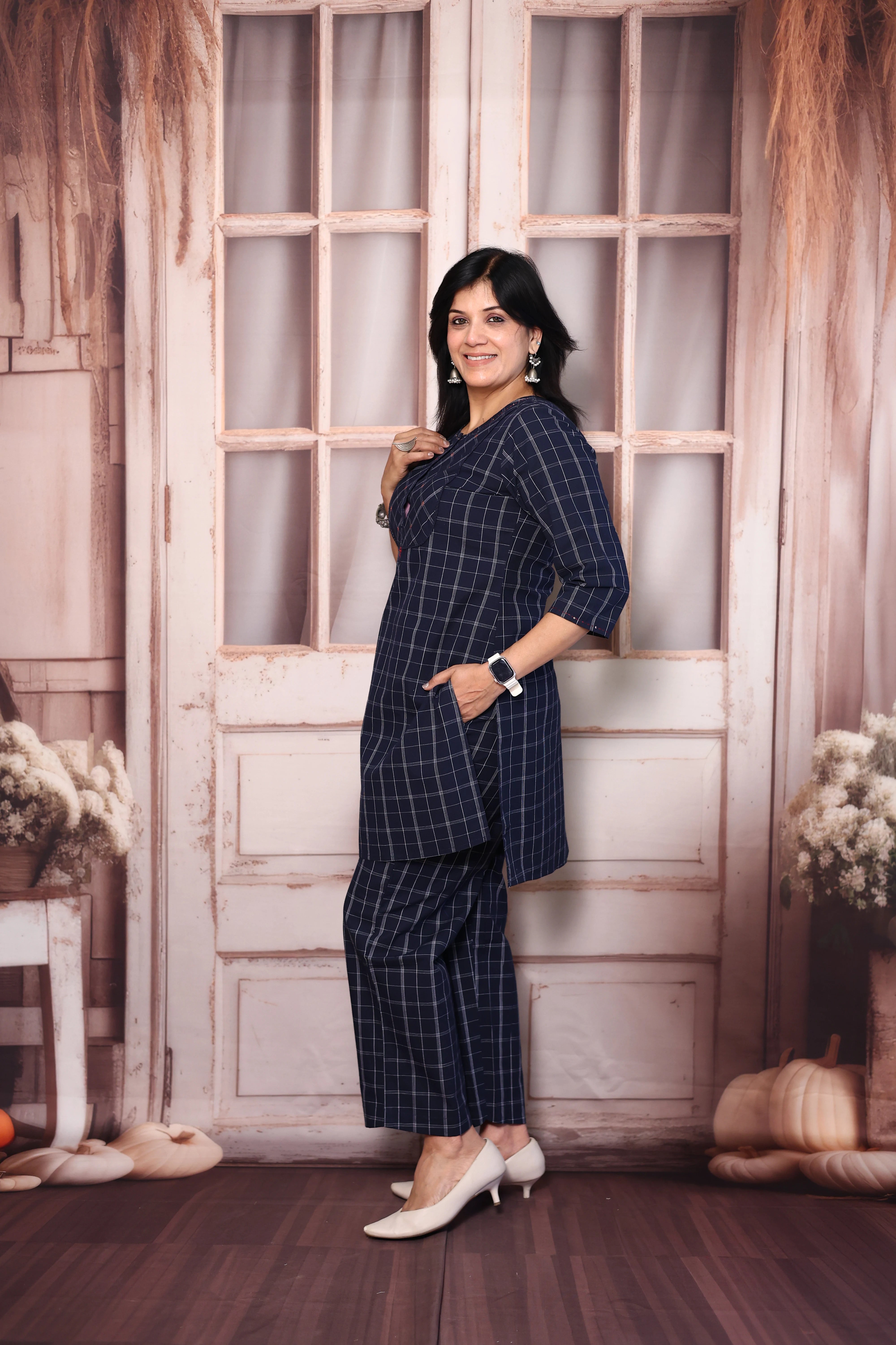 Dark Blue Checked Short Kurti Pant Co-Ord Set | Soft Cotton Casual Wear