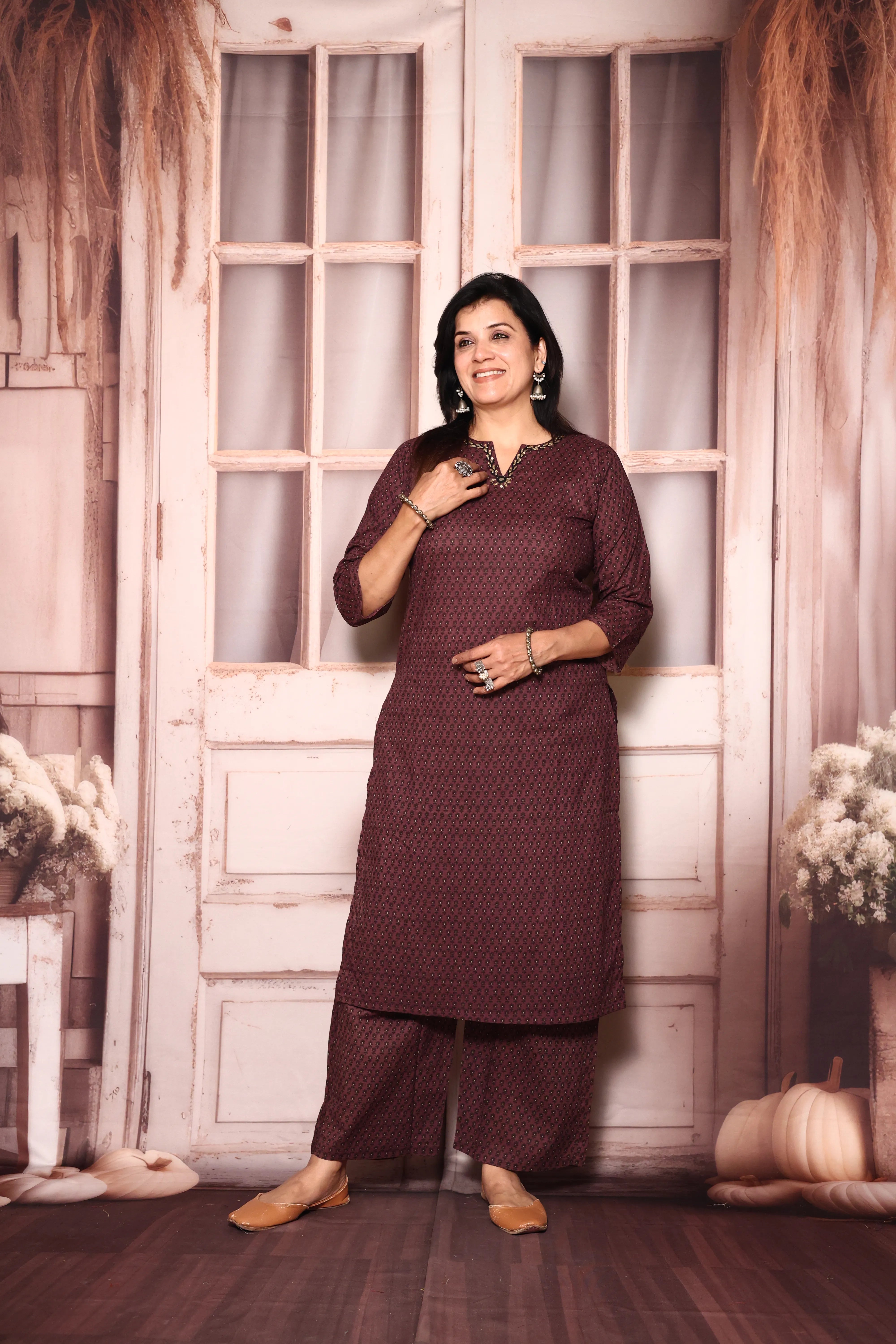 Dark Wine Floral Printed Kurta & Plazzo Set | Cotton Ethnic Wear | Plus Size Available (38–52)