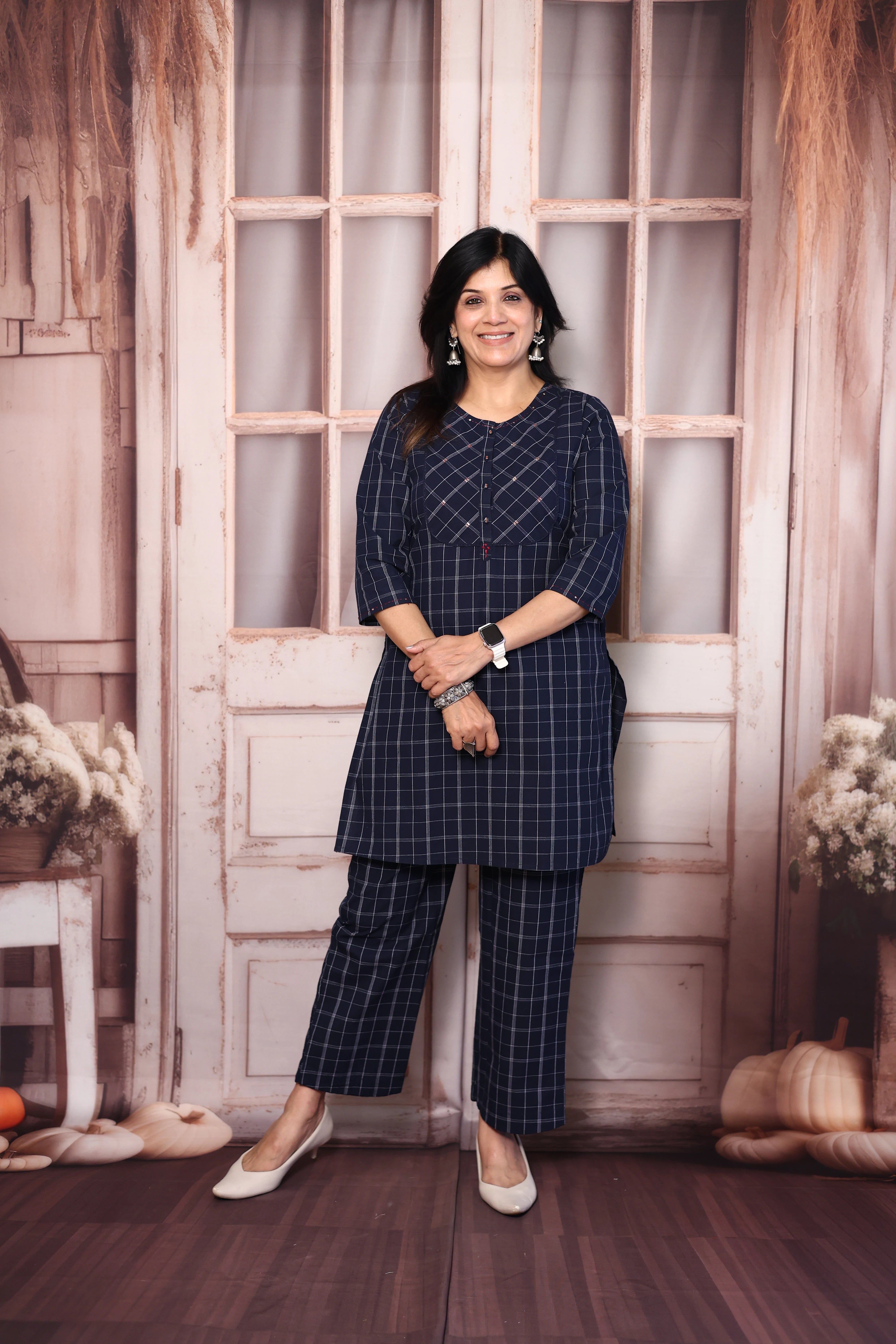 Dark Blue Checked Short Kurti Pant Co-Ord Set | Soft Cotton Casual Wear