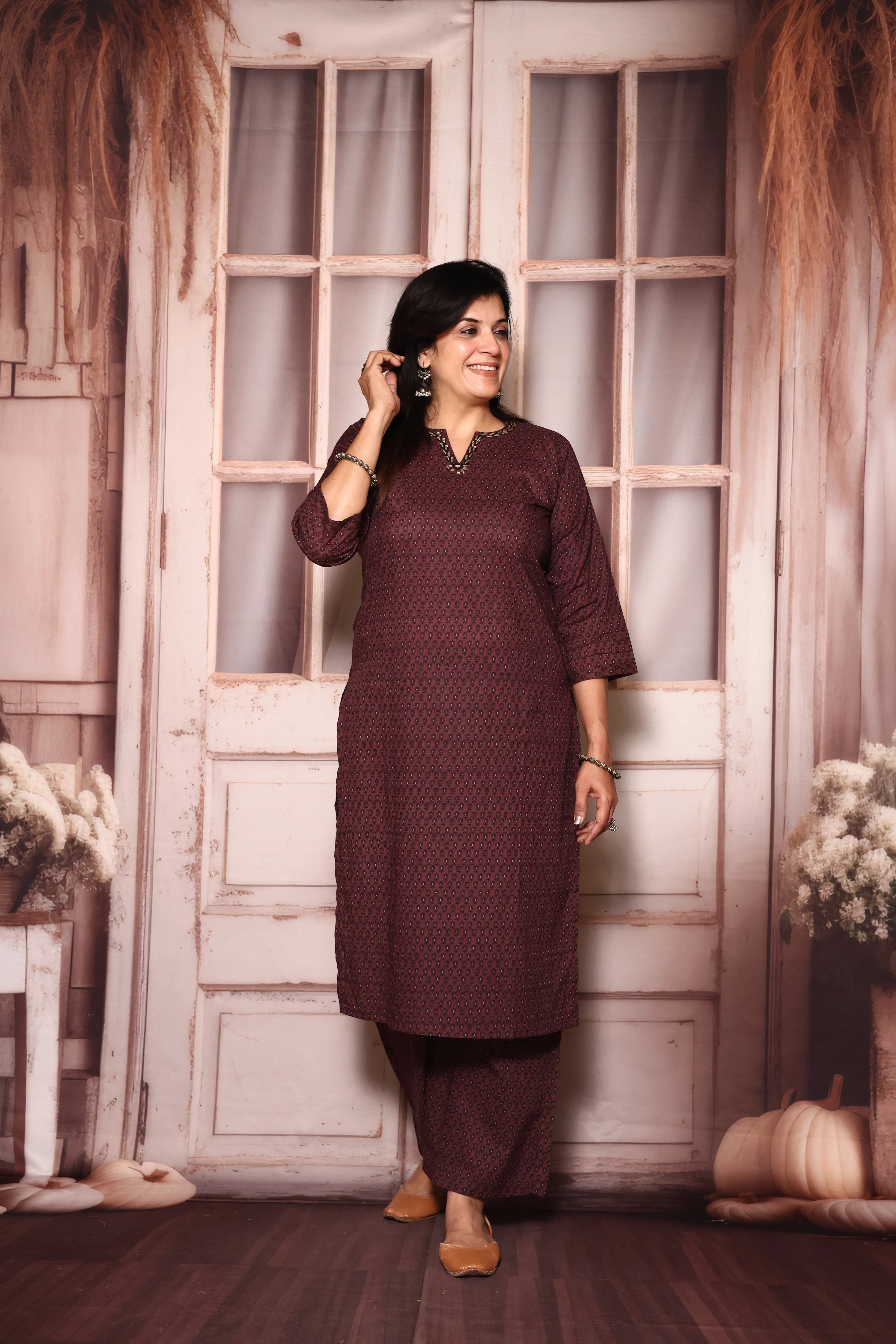 Dark Wine Floral Printed Kurta & Plazzo Set | Cotton Ethnic Wear | Plus Size Available (38–52)