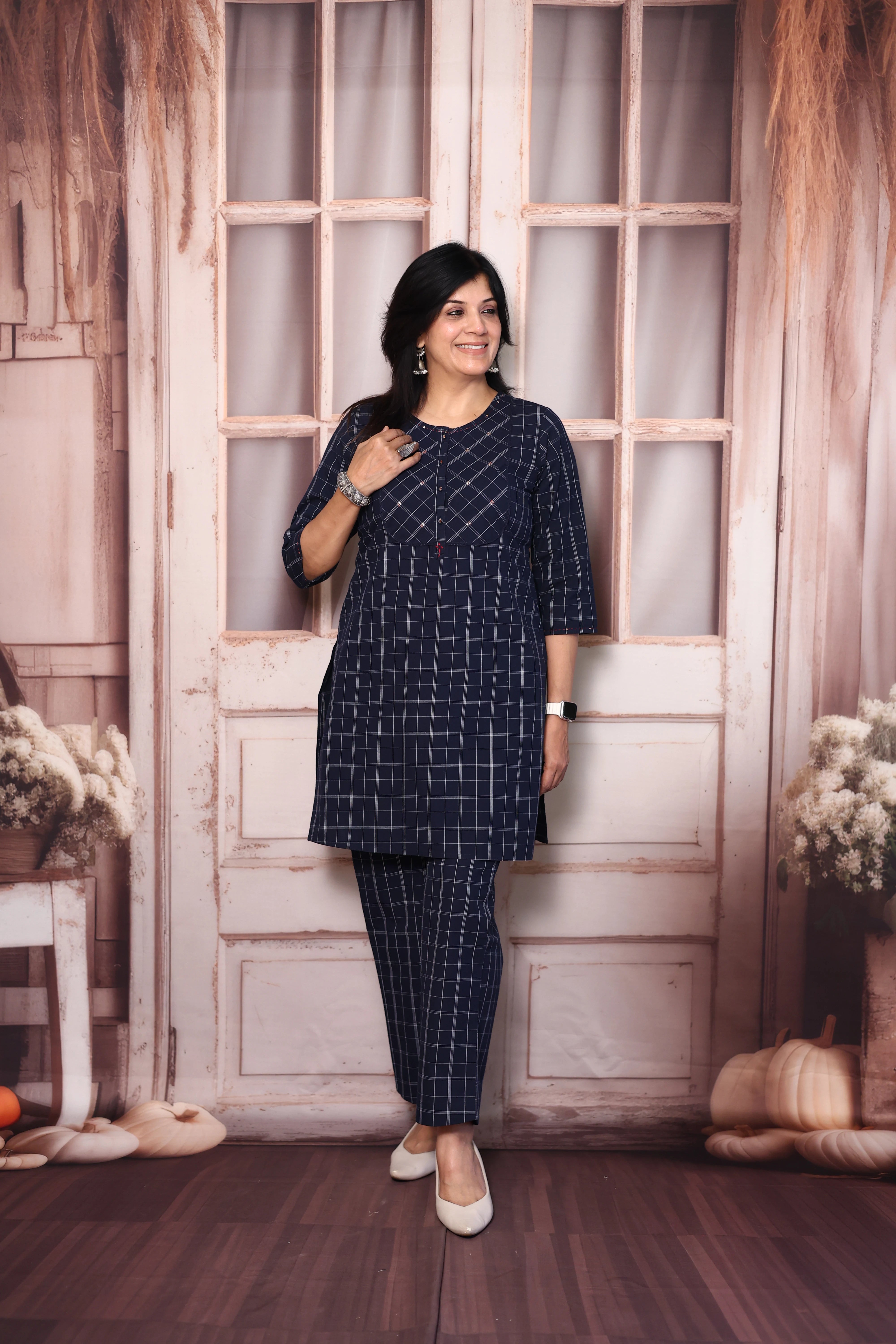 Dark Blue Checked Short Kurti Pant Co-Ord Set | Soft Cotton Casual Wear