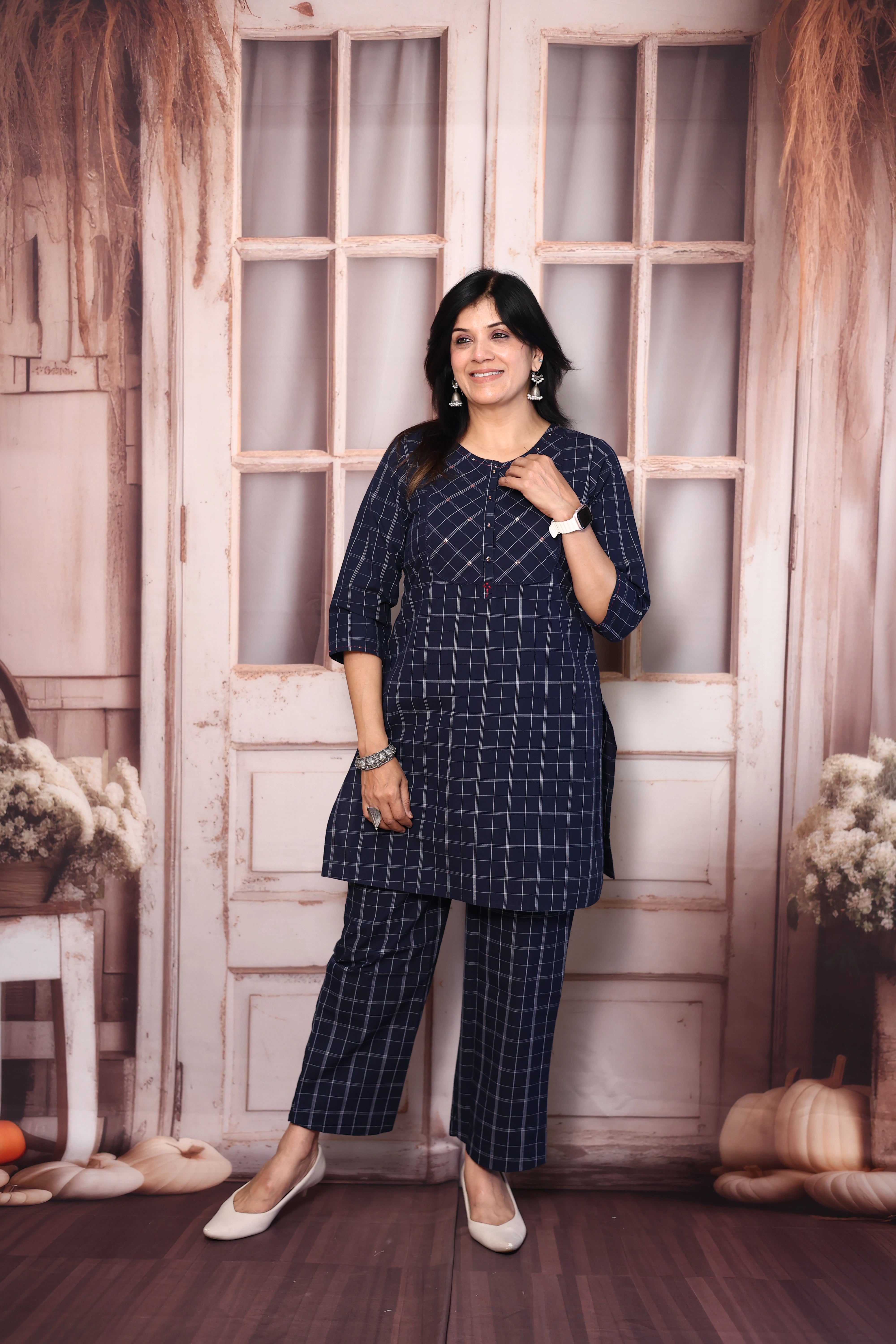 Dark Blue Checked Short Kurti Pant Co-Ord Set | Soft Cotton Casual Wear
