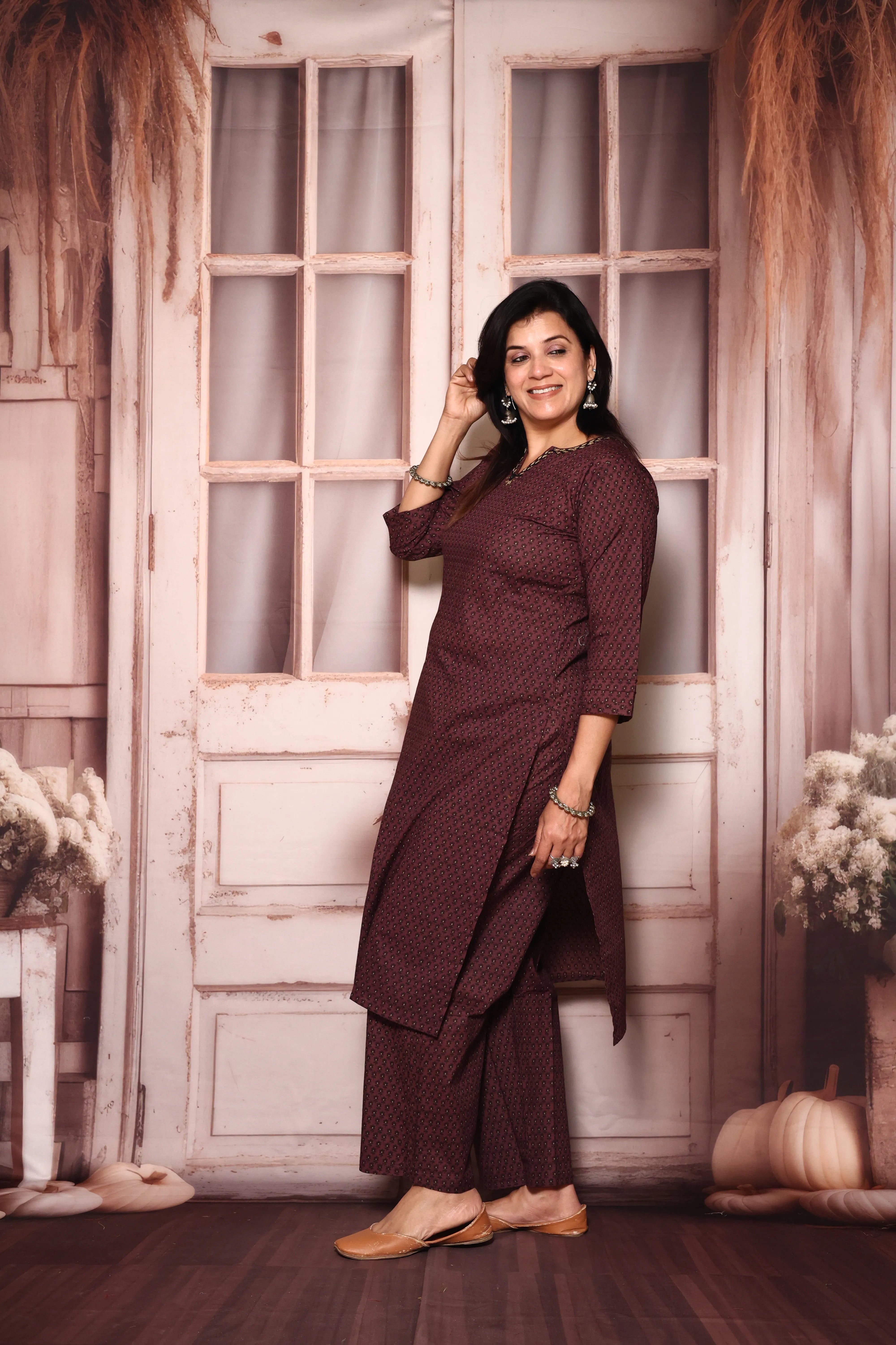 Dark Wine Floral Printed Kurta & Plazzo Set | Cotton Ethnic Wear | Plus Size Available (38–52)