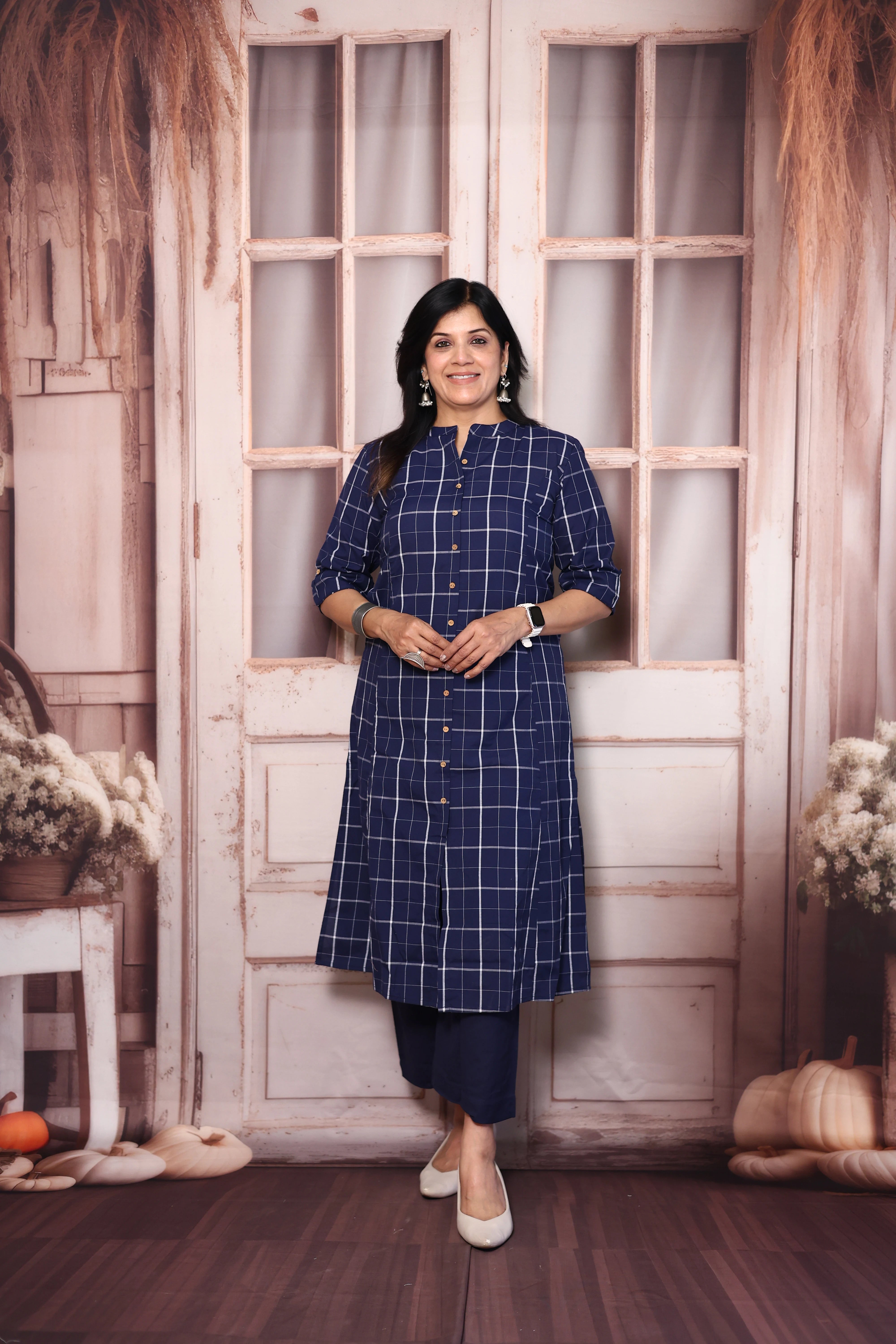 Navy Blue Checked A-Line Kurta Palazzo Set | Soft Cotton Everyday Ethnic Wear