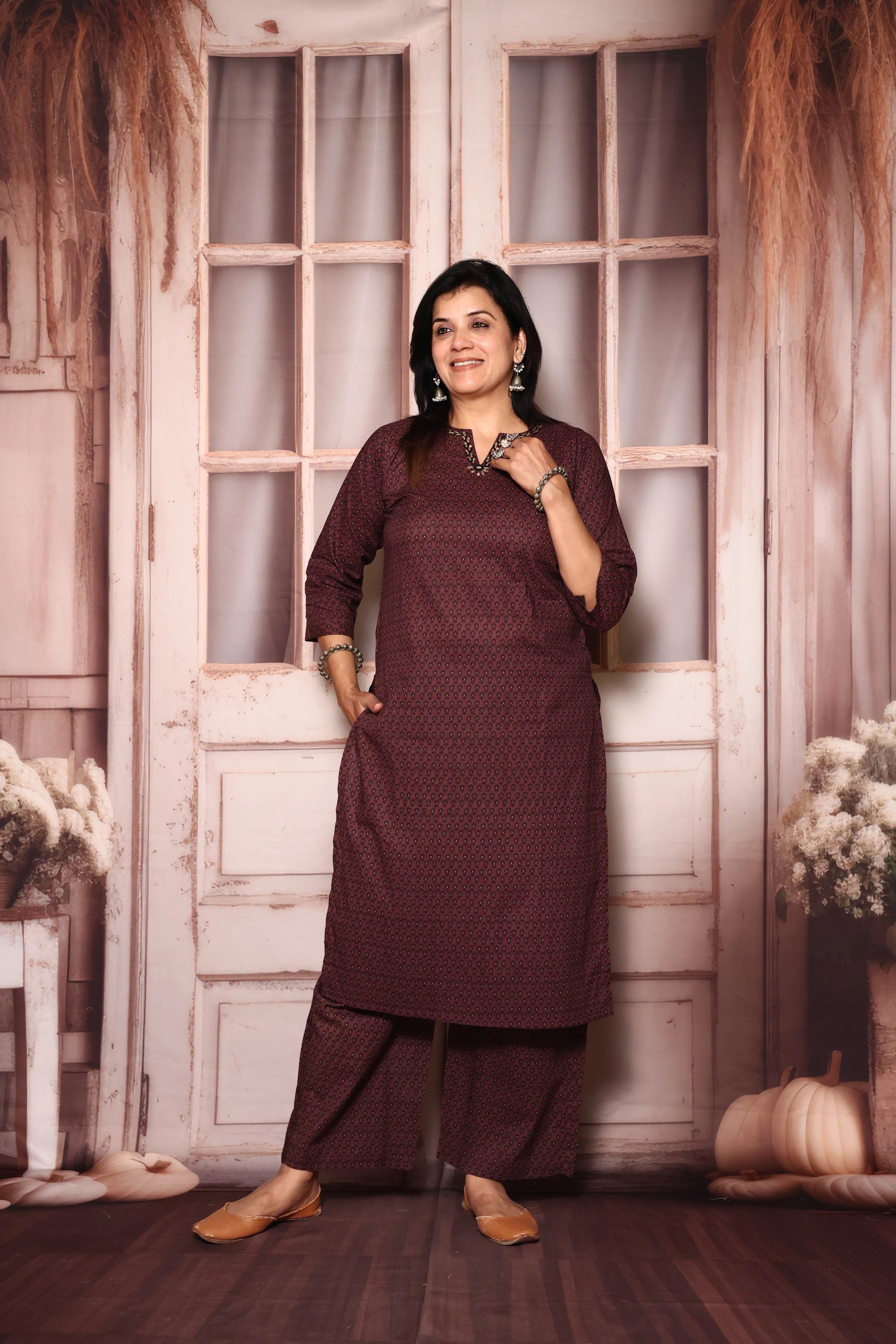 Dark Wine Floral Printed Kurta & Plazzo Set | Cotton Ethnic Wear | Plus Size Available (38–52)