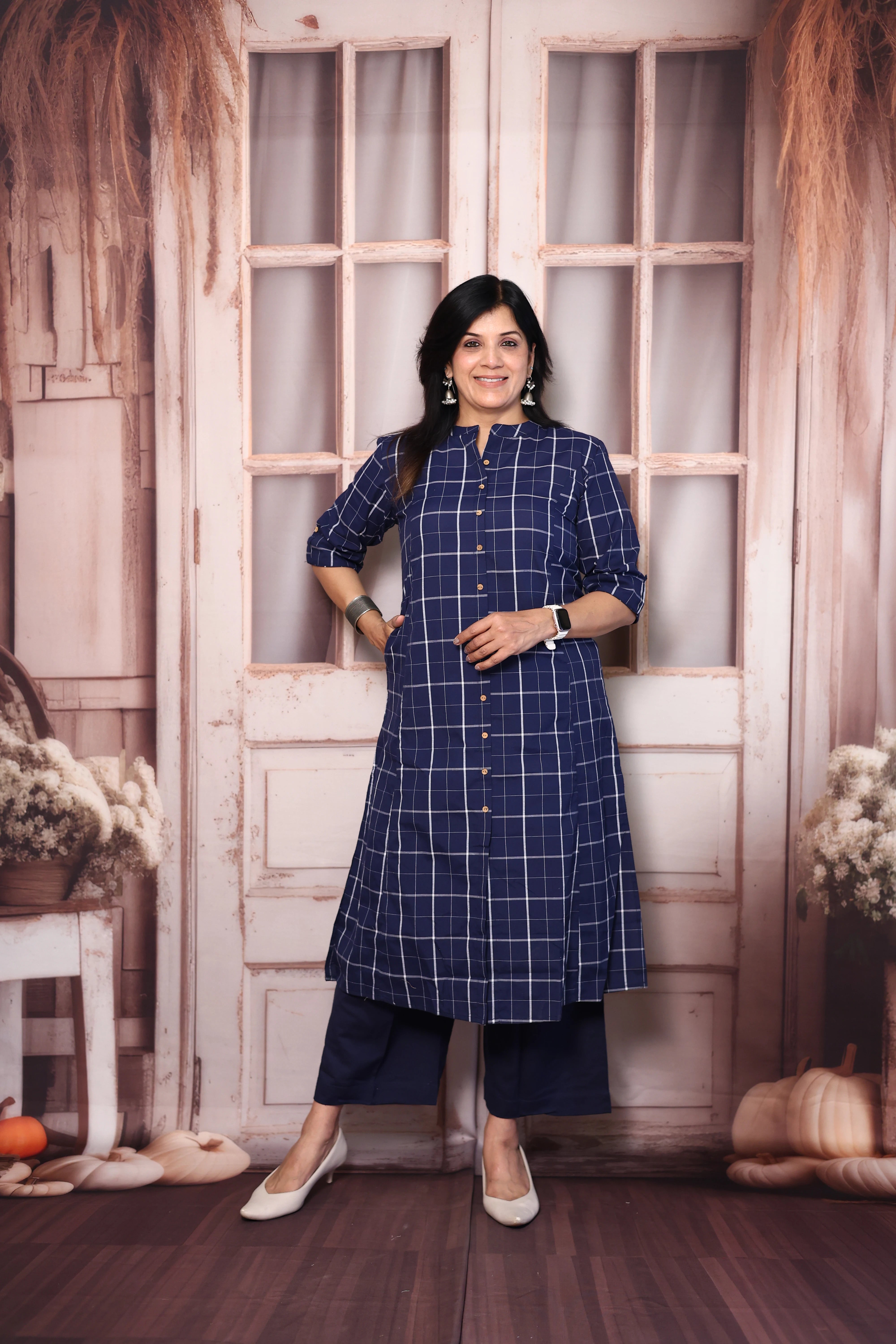 Navy Blue Checked A-Line Kurta Palazzo Set | Soft Cotton Everyday Ethnic Wear