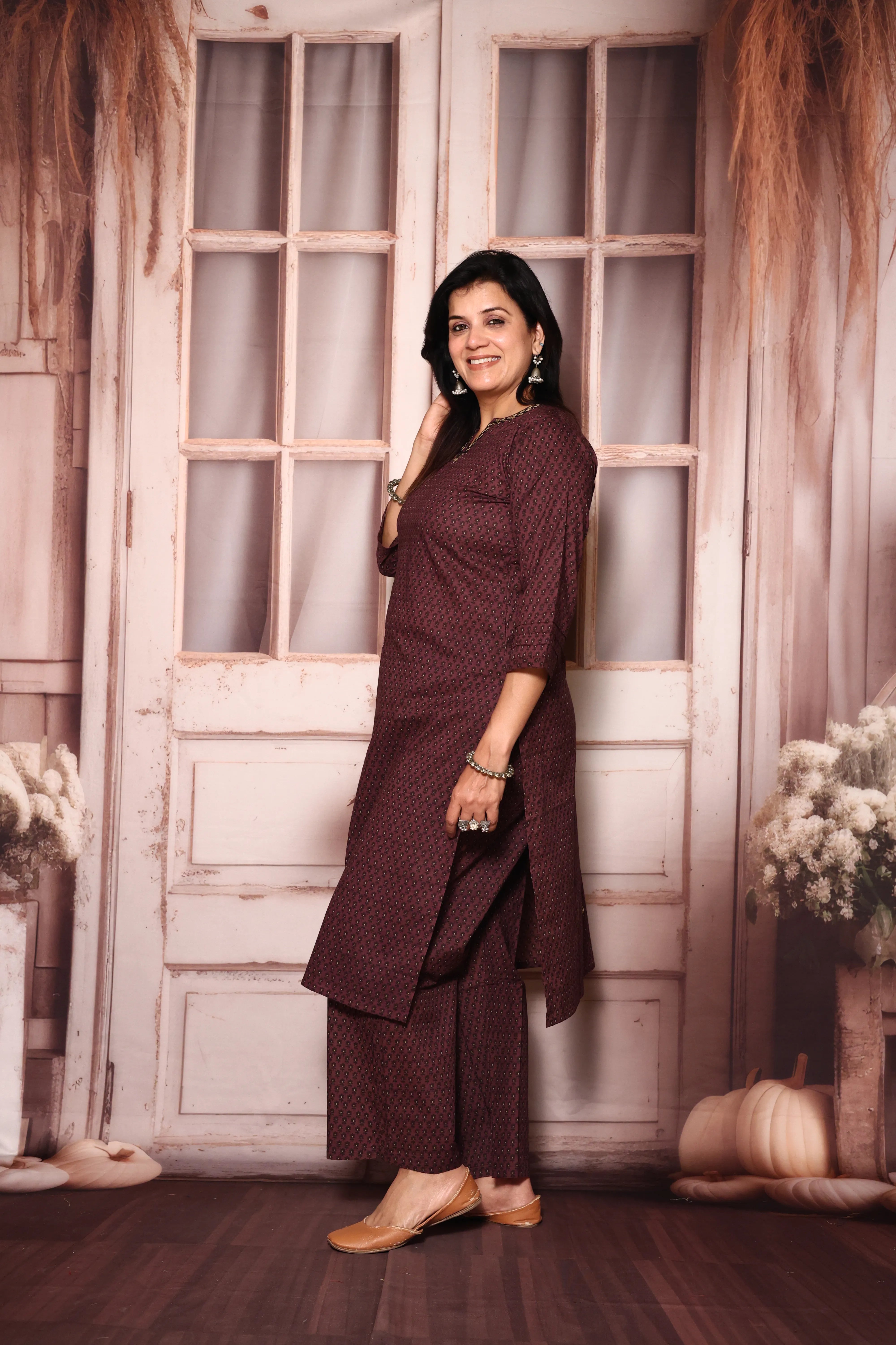 Dark Wine Floral Printed Kurta & Plazzo Set | Cotton Ethnic Wear | Plus Size Available (38–52)
