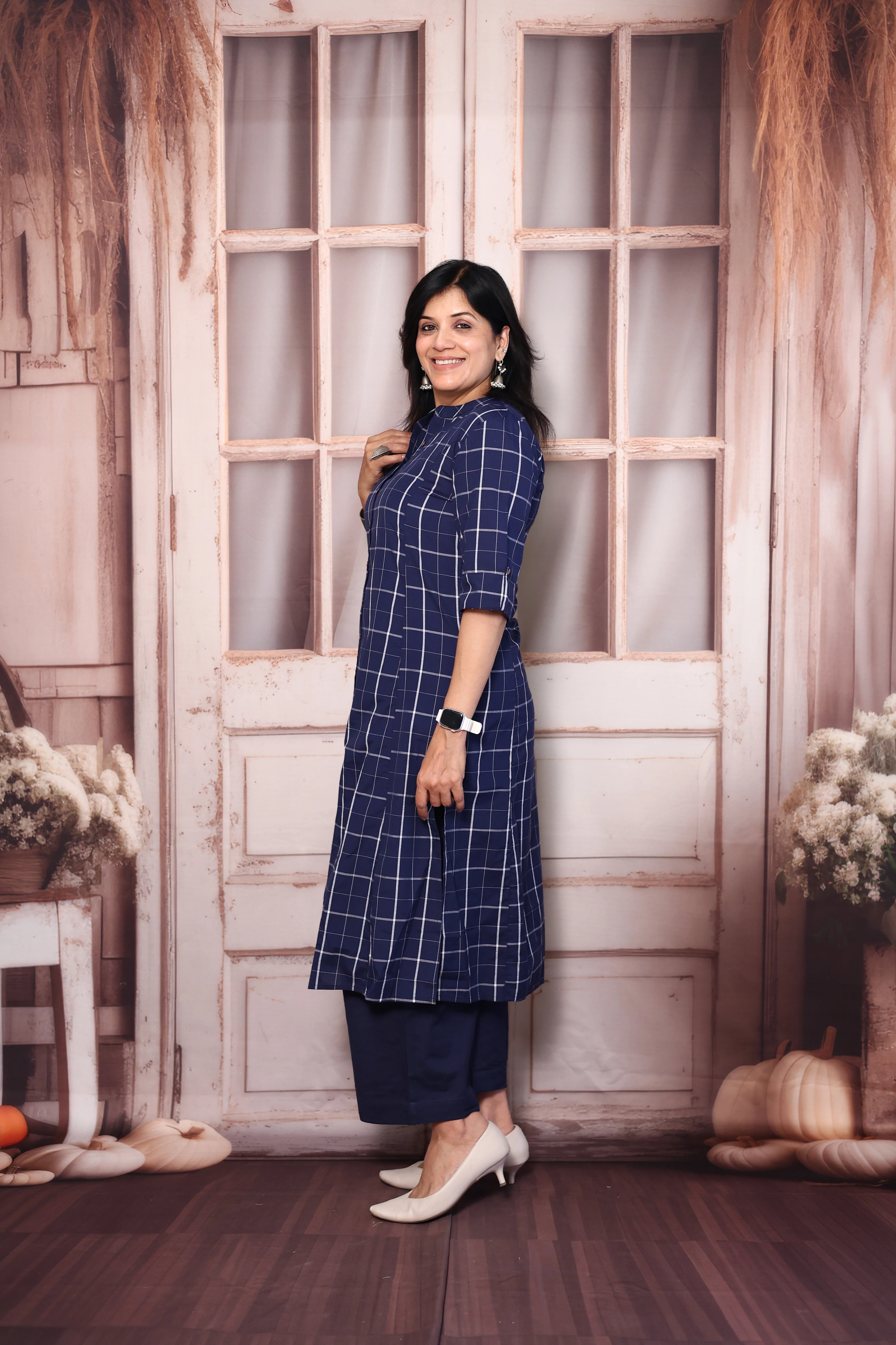 Navy Blue Checked A-Line Kurta Palazzo Set | Soft Cotton Everyday Ethnic Wear