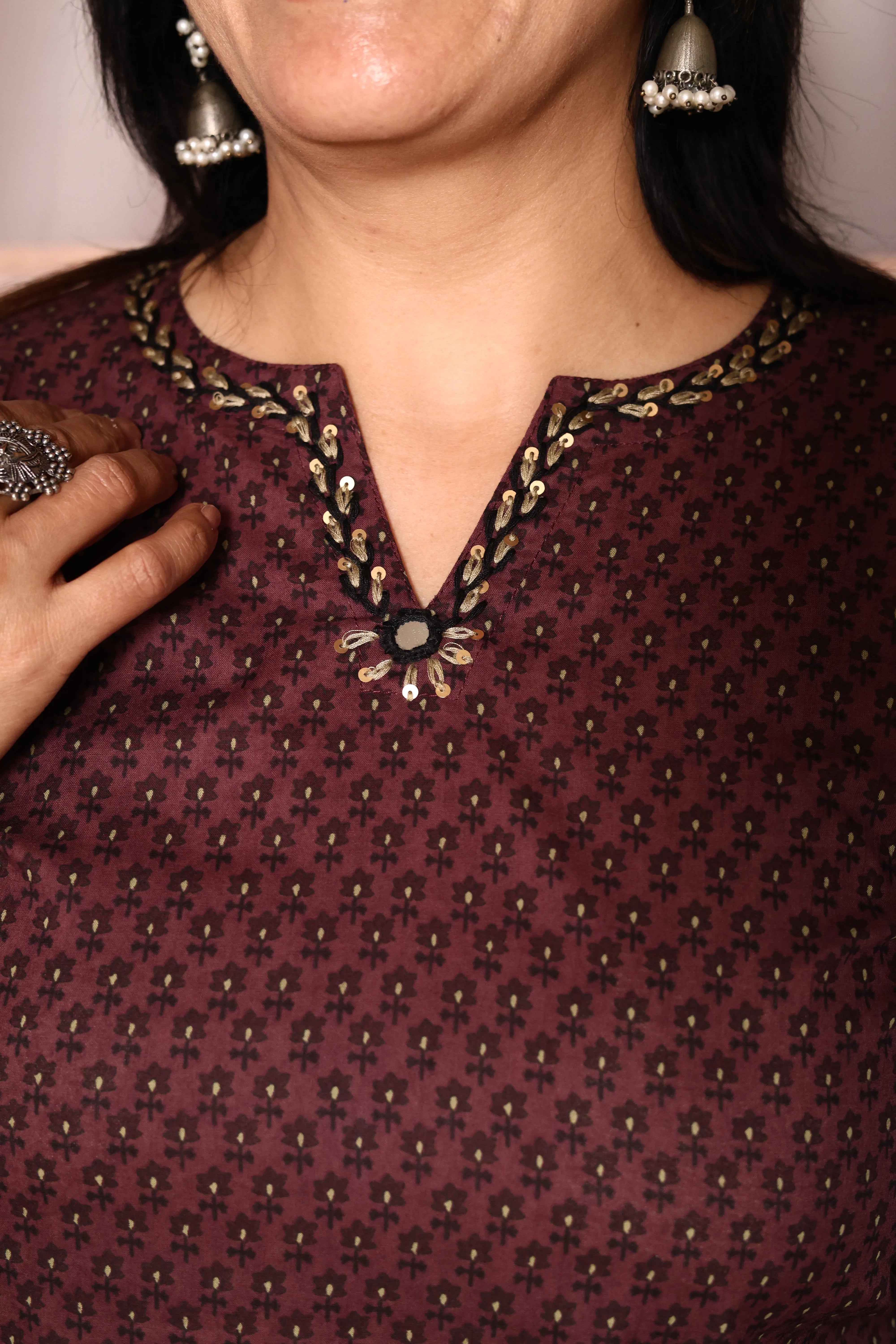 Dark Wine Floral Printed Kurta & Plazzo Set | Cotton Ethnic Wear | Plus Size Available (38–52)