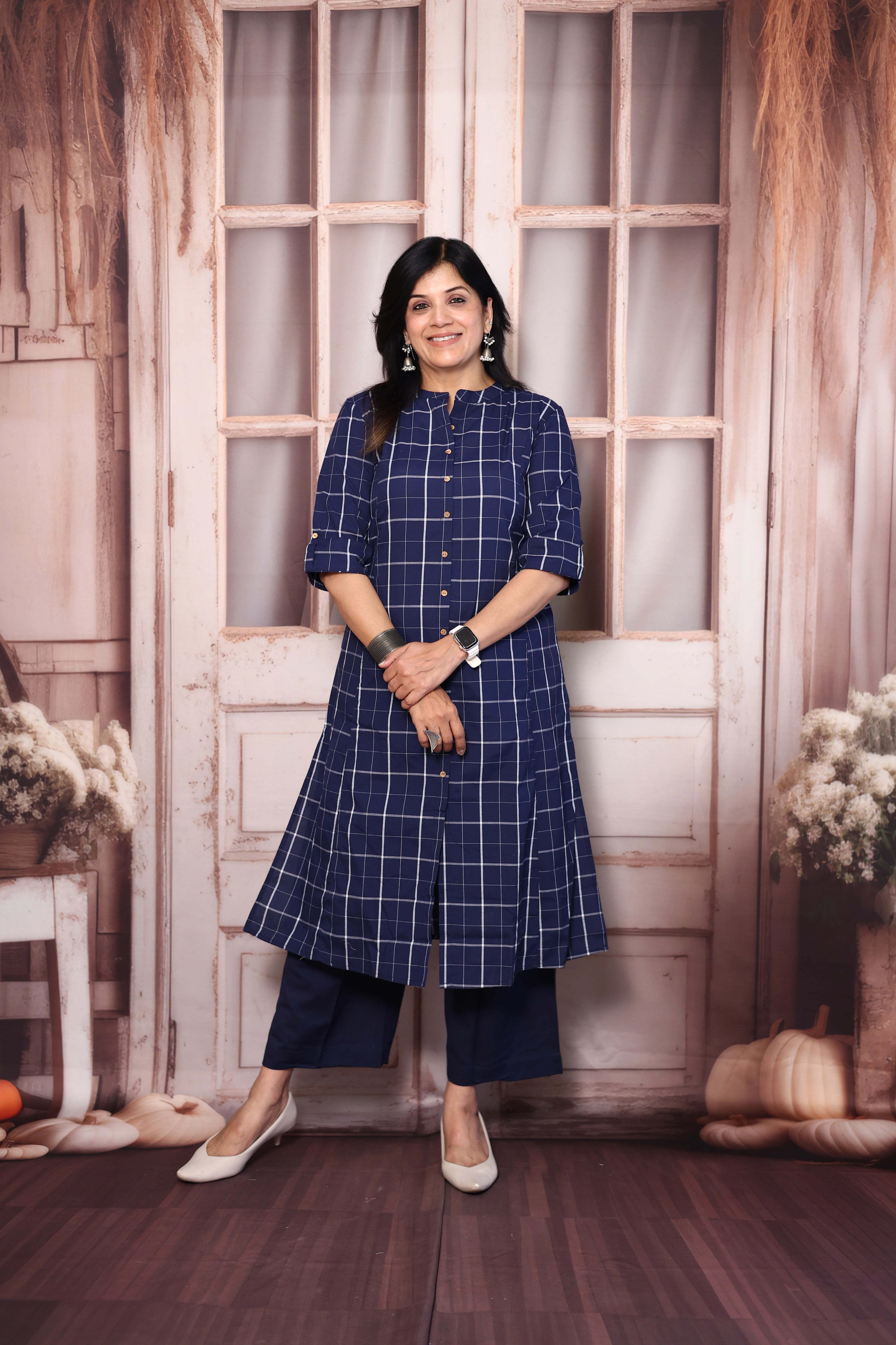 Navy Blue Checked A-Line Kurta Palazzo Set | Soft Cotton Everyday Ethnic Wear