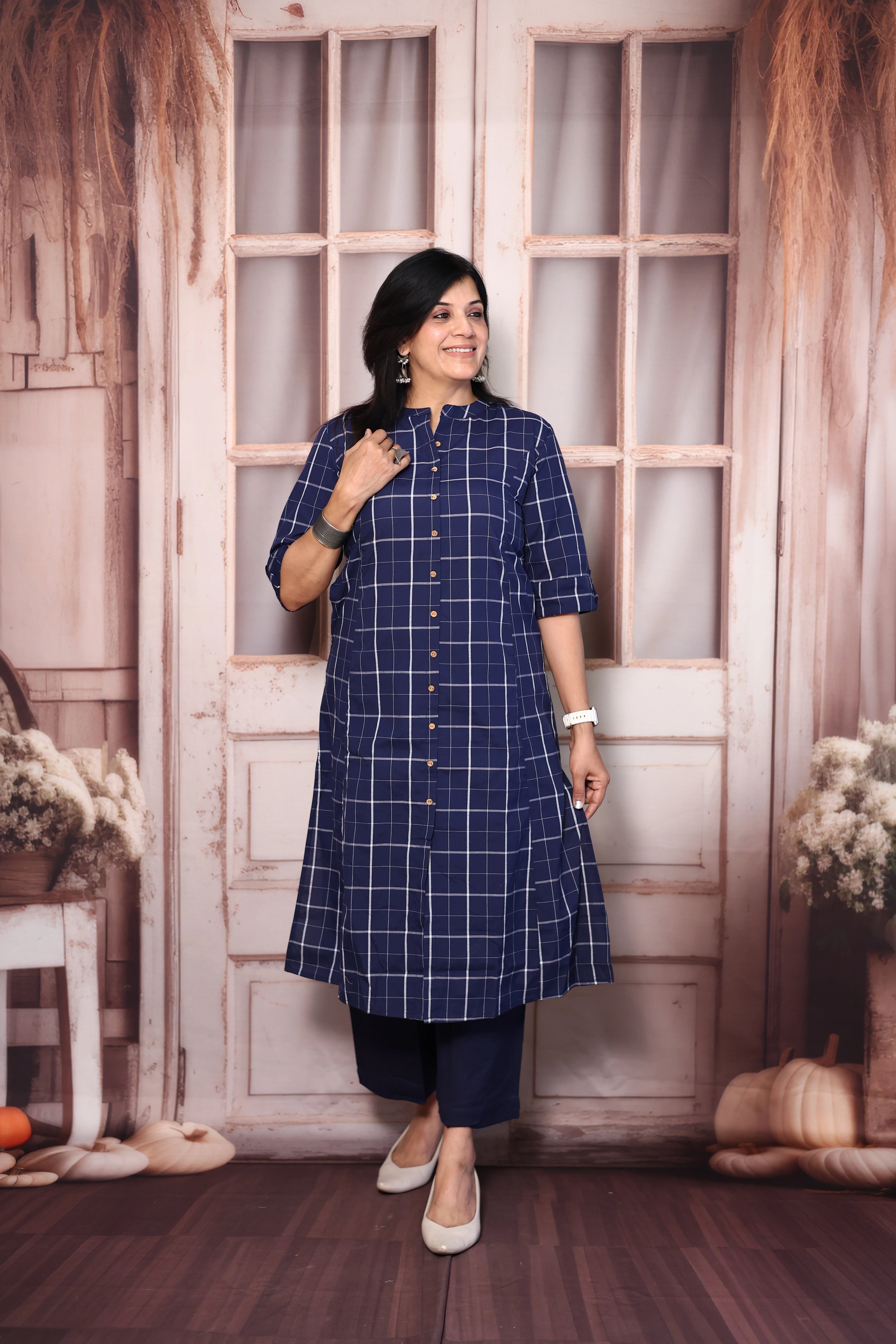 Navy Blue Checked A-Line Kurta Palazzo Set | Soft Cotton Everyday Ethnic Wear