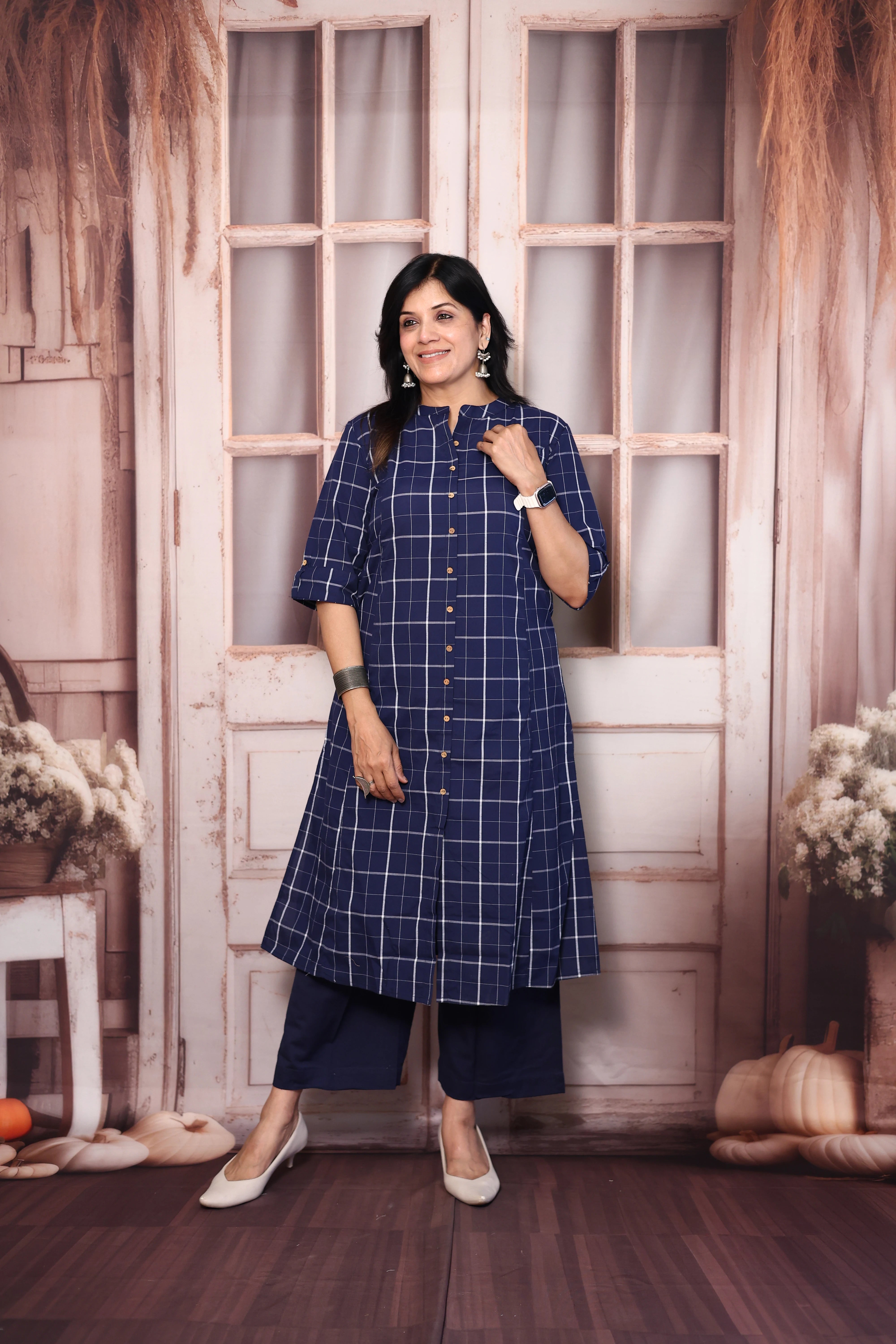 Navy Blue Checked A-Line Kurta Palazzo Set | Soft Cotton Everyday Ethnic Wear