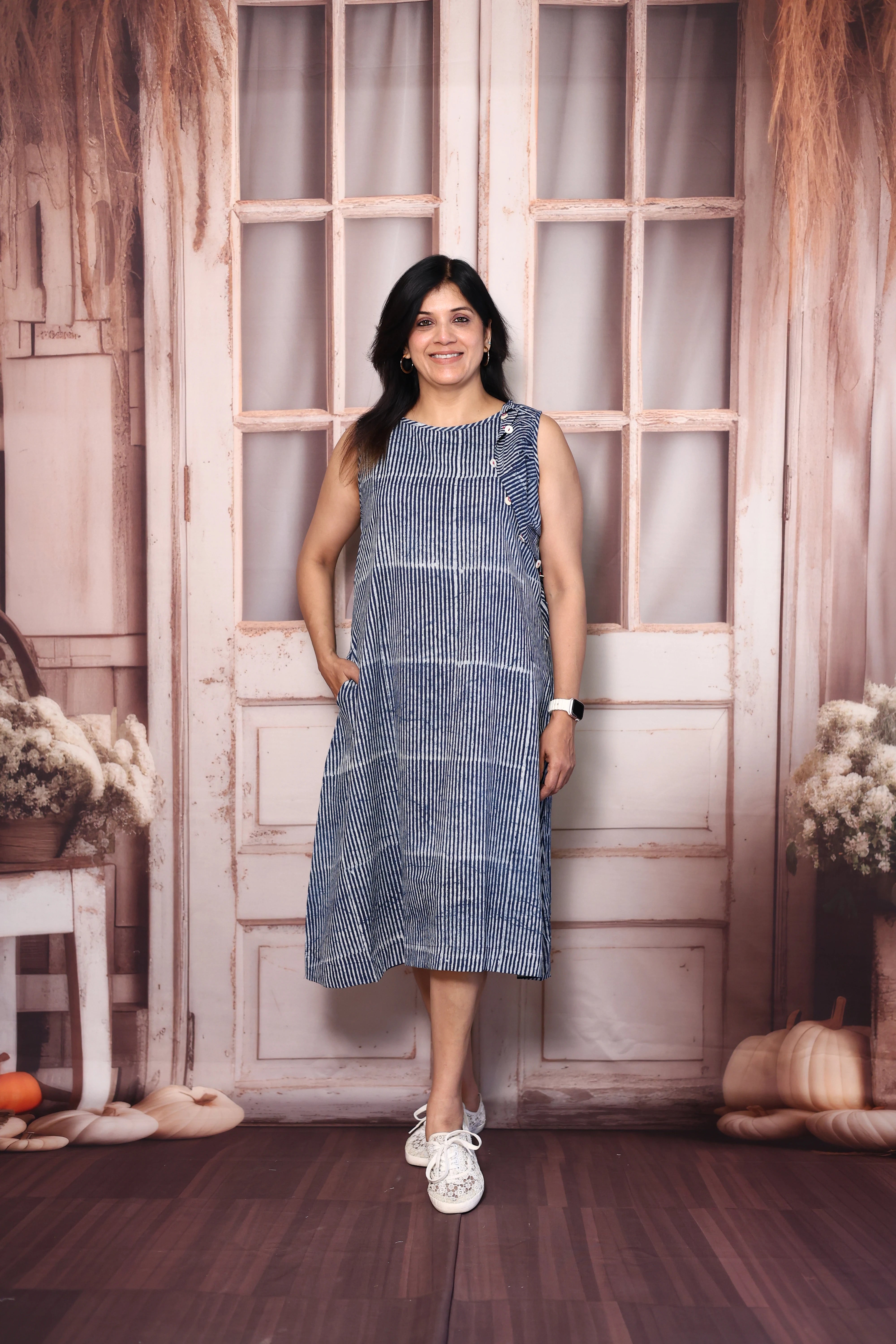 Blue Batik Print Sleeveless Cotton One Piece Dress | Lightweight Summer Casual Wear