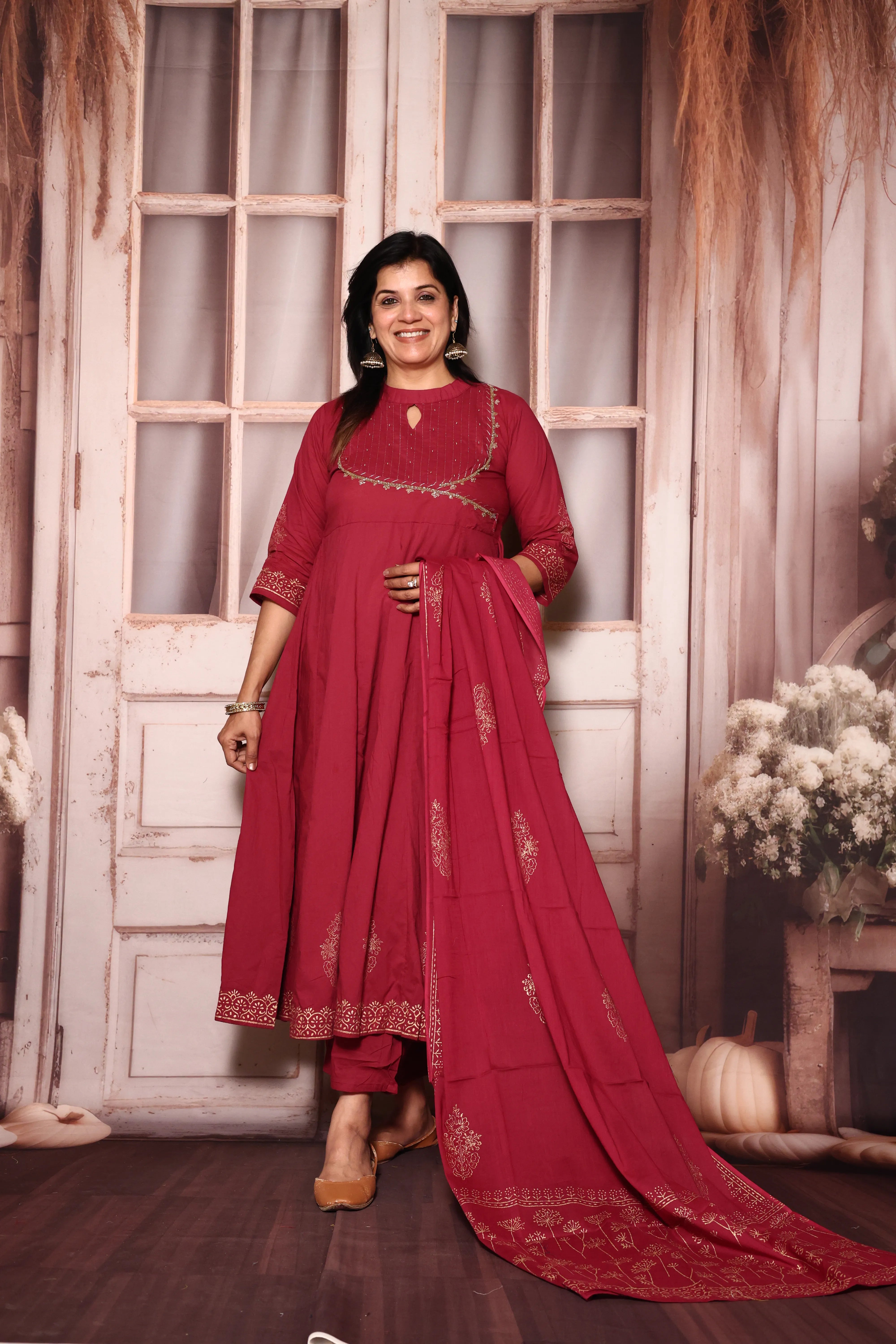 Amaranth Deep Red A-Line Kurta Pant with Dupatta Set | Foil Print & Yoke Pearl Embroidery