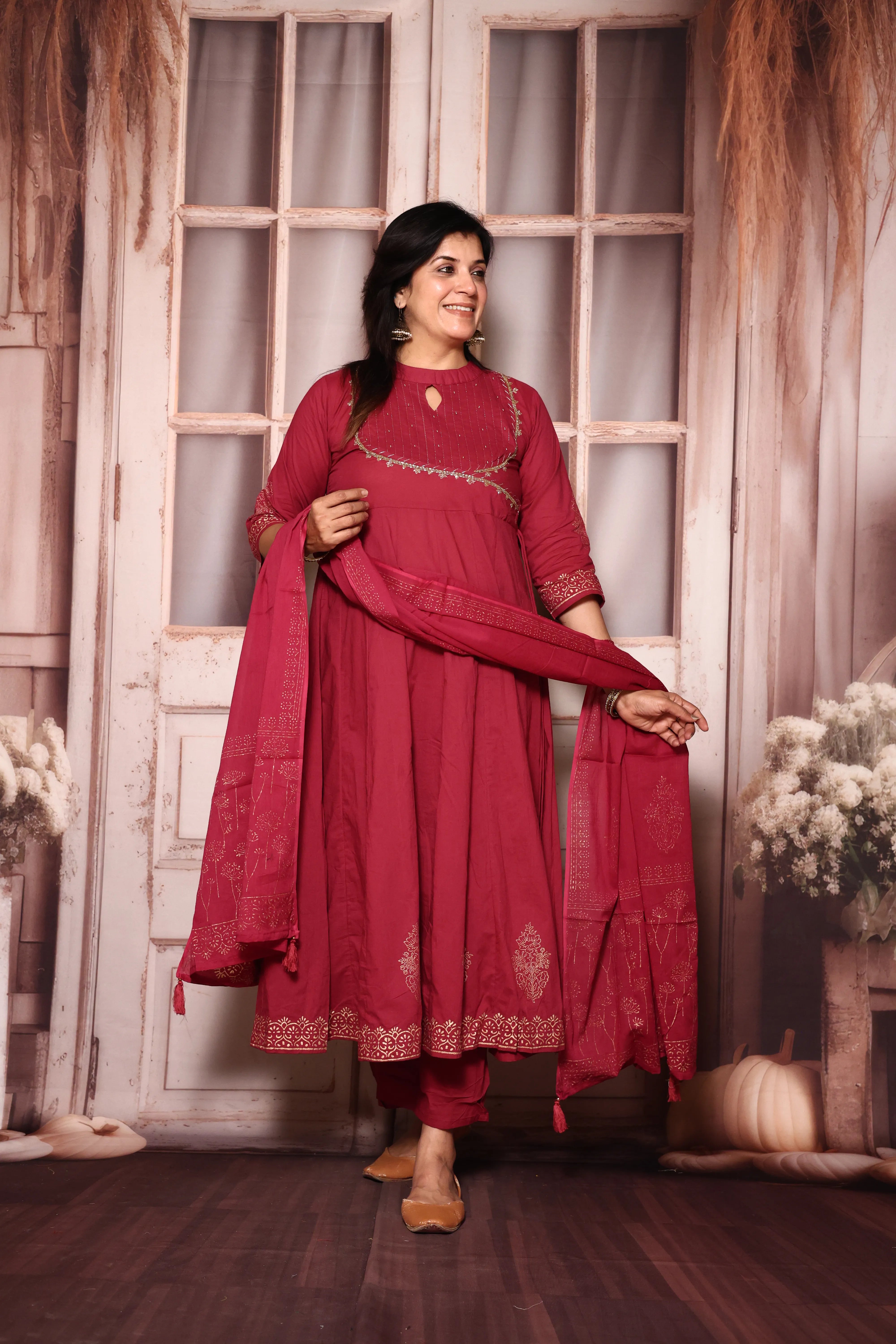 Amaranth Deep Red A-Line Kurta Pant with Dupatta Set | Foil Print & Yoke Pearl Embroidery