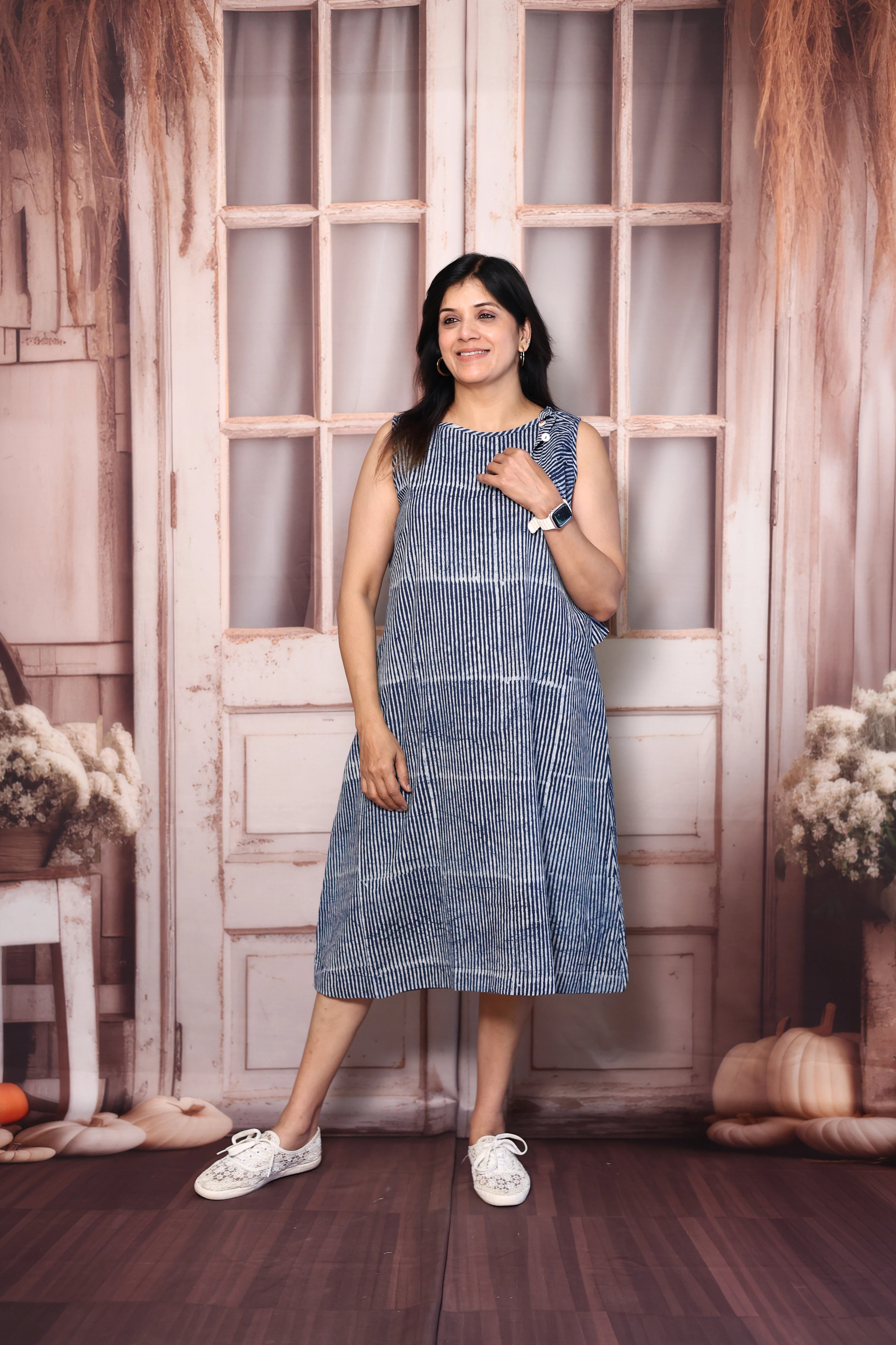 Blue Batik Print Sleeveless Cotton One Piece Dress | Lightweight Summer Casual Wear