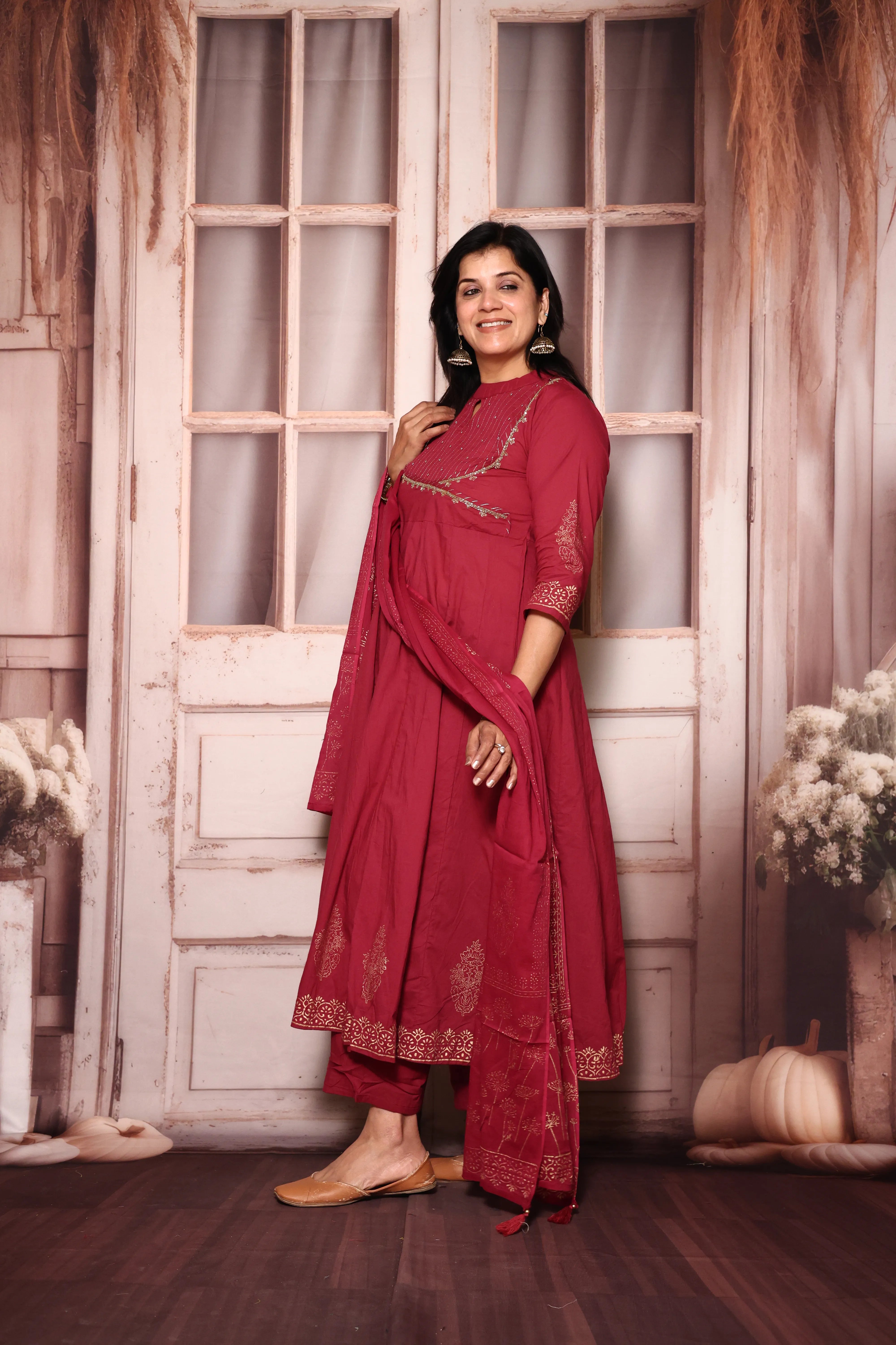 Amaranth Deep Red A-Line Kurta Pant with Dupatta Set | Foil Print & Yoke Pearl Embroidery