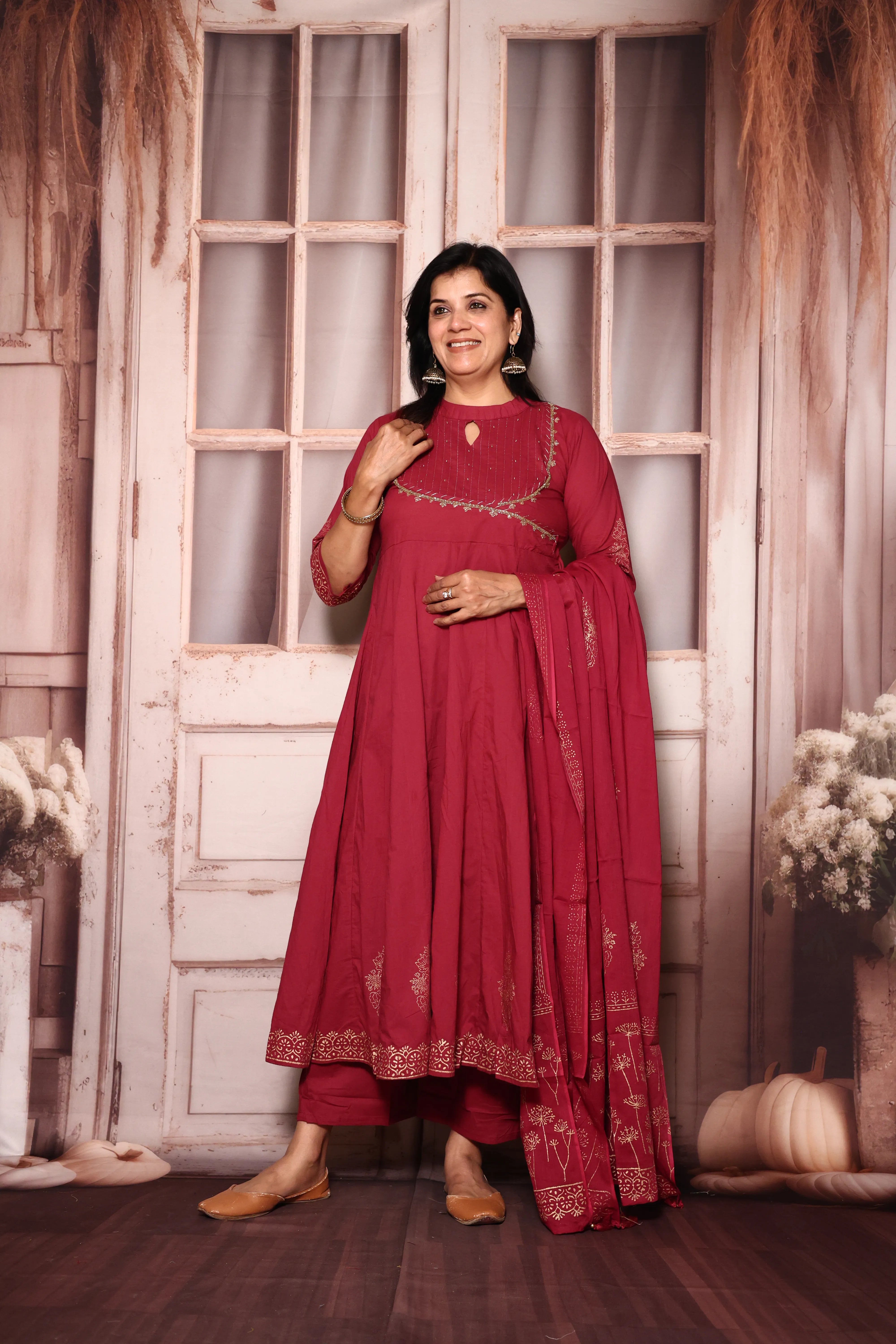 Amaranth Deep Red A-Line Kurta Pant with Dupatta Set | Foil Print & Yoke Pearl Embroidery