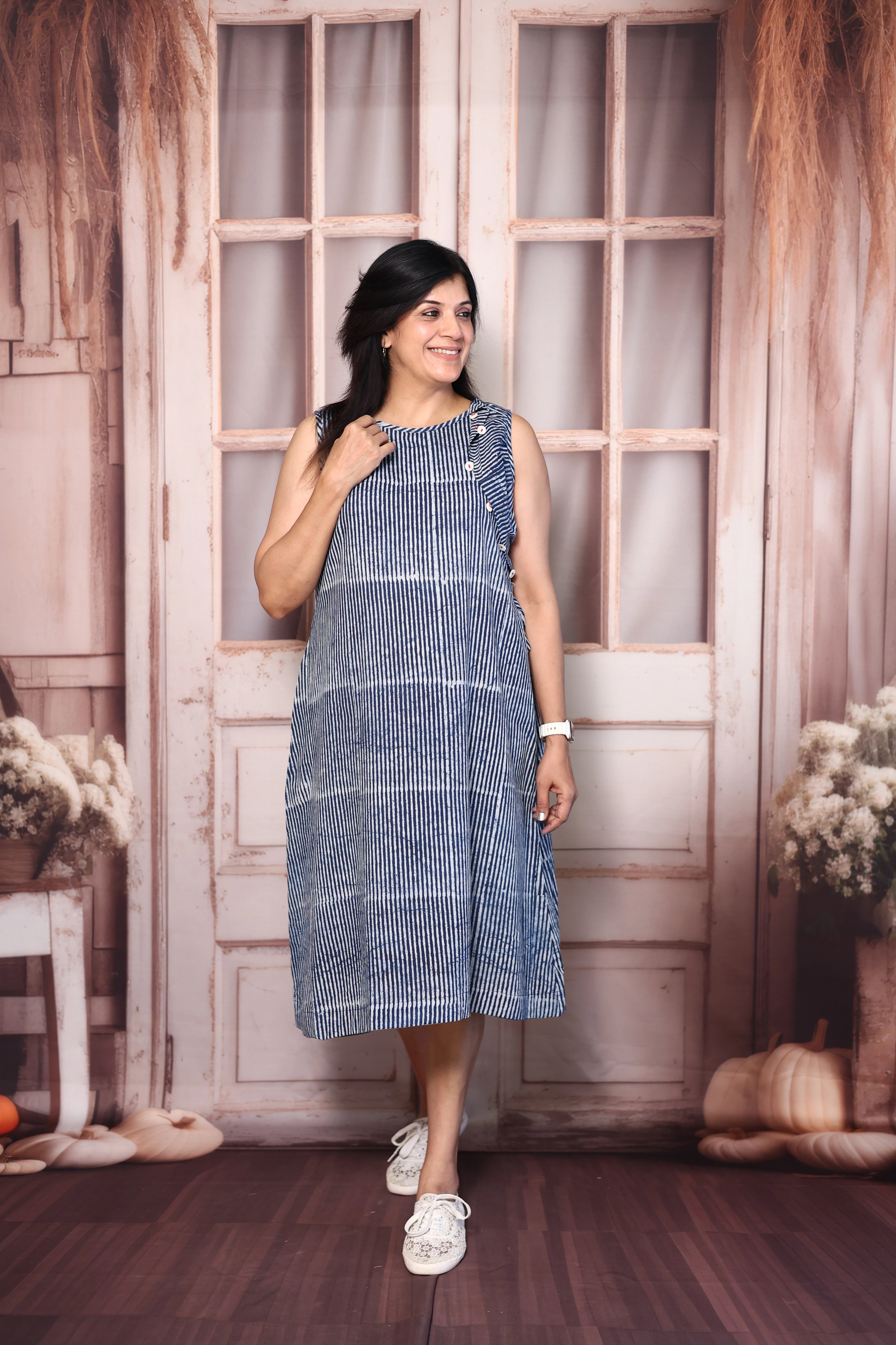 Blue Batik Print Sleeveless Cotton One Piece Dress | Lightweight Summer Casual Wear