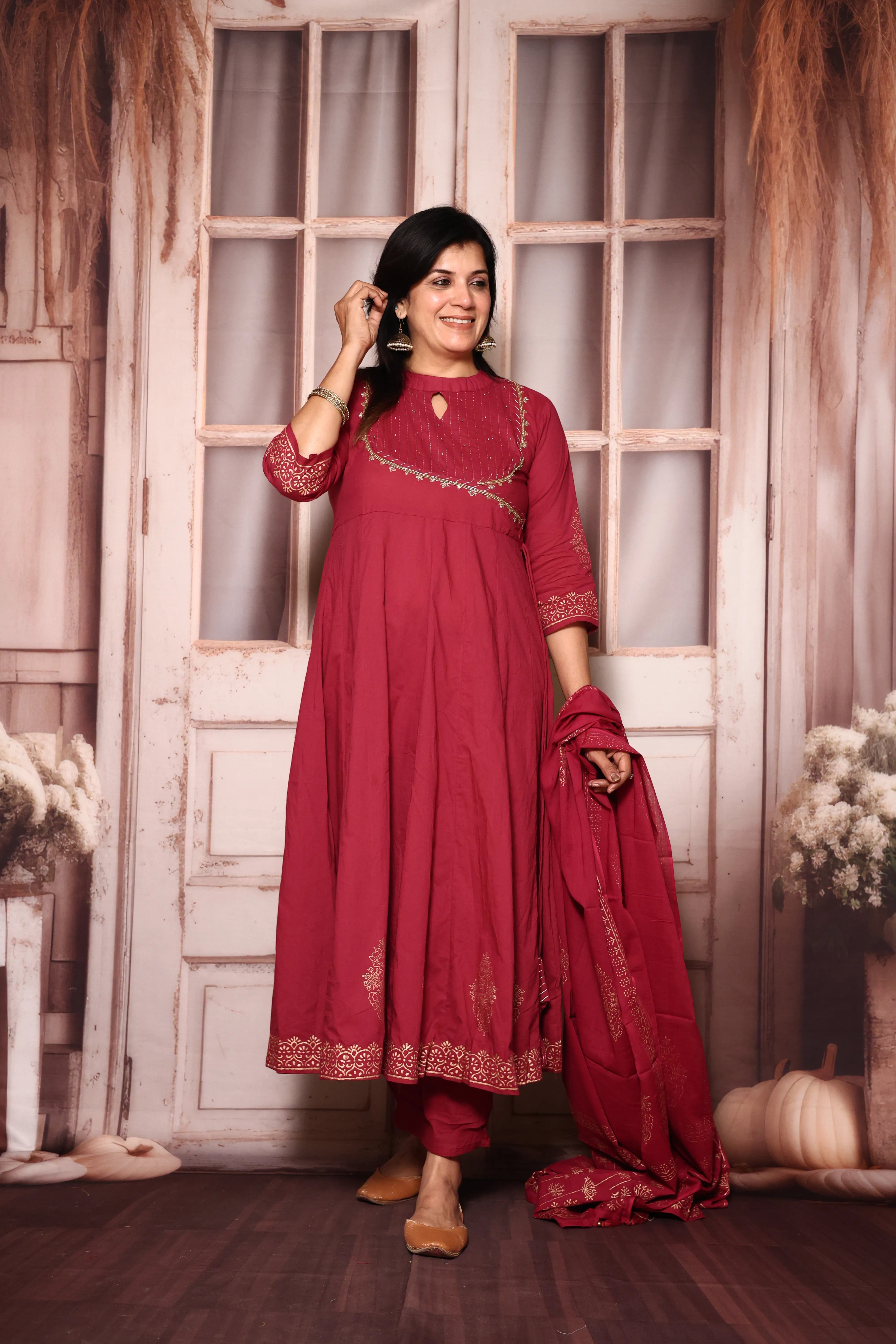 Amaranth Deep Red A-Line Kurta Pant with Dupatta Set | Foil Print & Yoke Pearl Embroidery