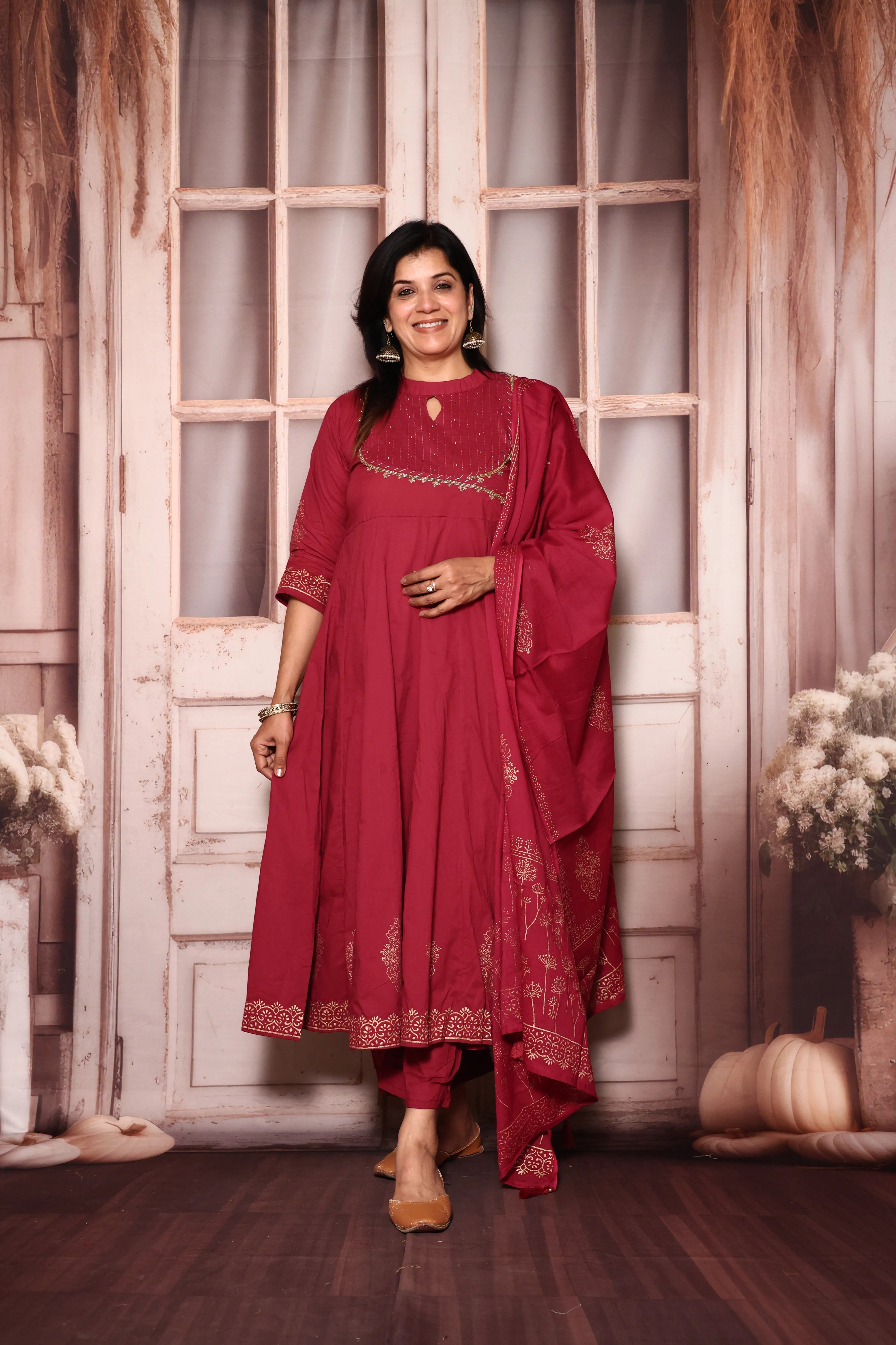 Amaranth Deep Red A-Line Kurta Pant with Dupatta Set | Foil Print & Yoke Pearl Embroidery