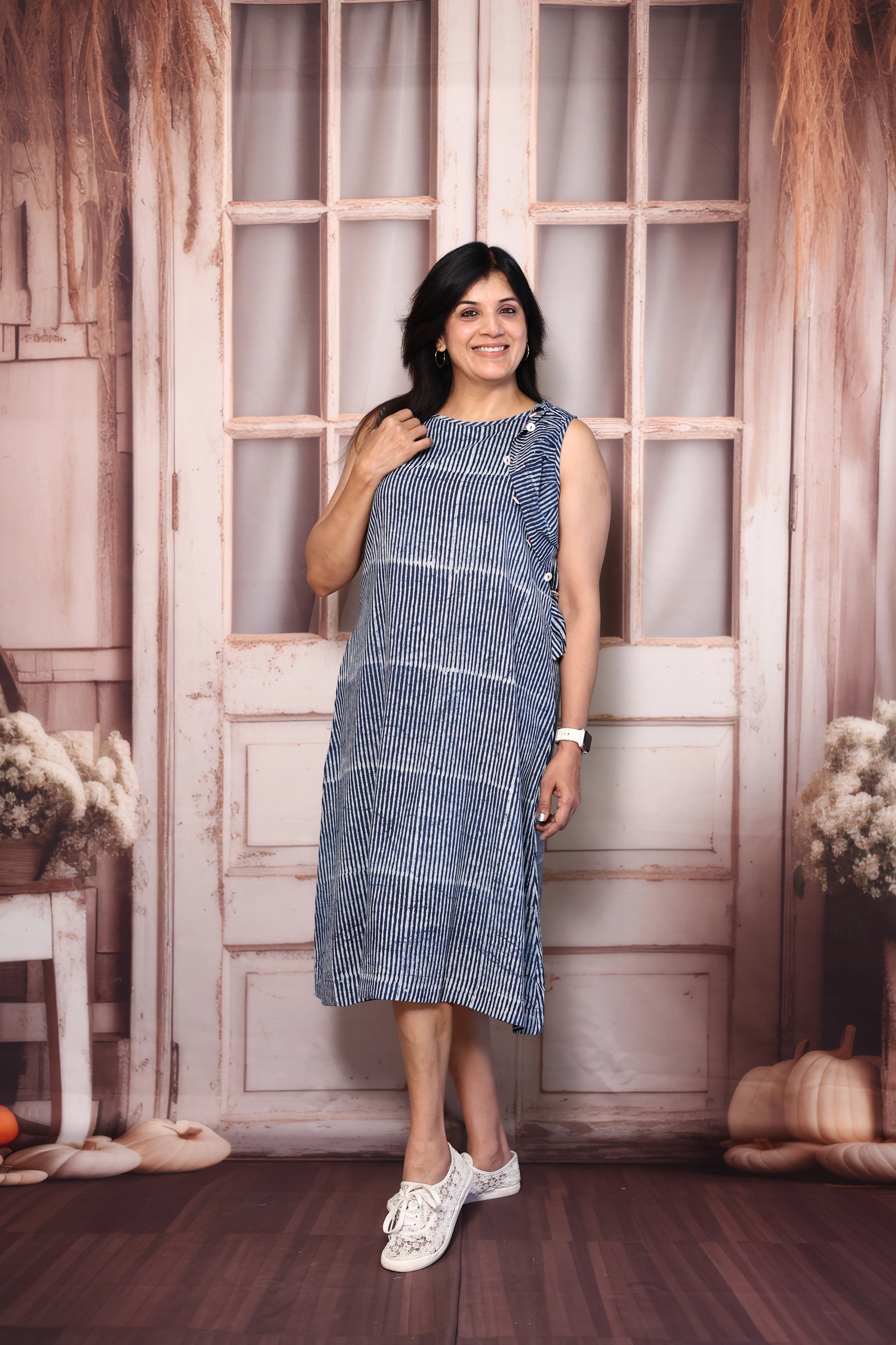 Blue Batik Print Sleeveless Cotton One Piece Dress | Lightweight Summer Casual Wear